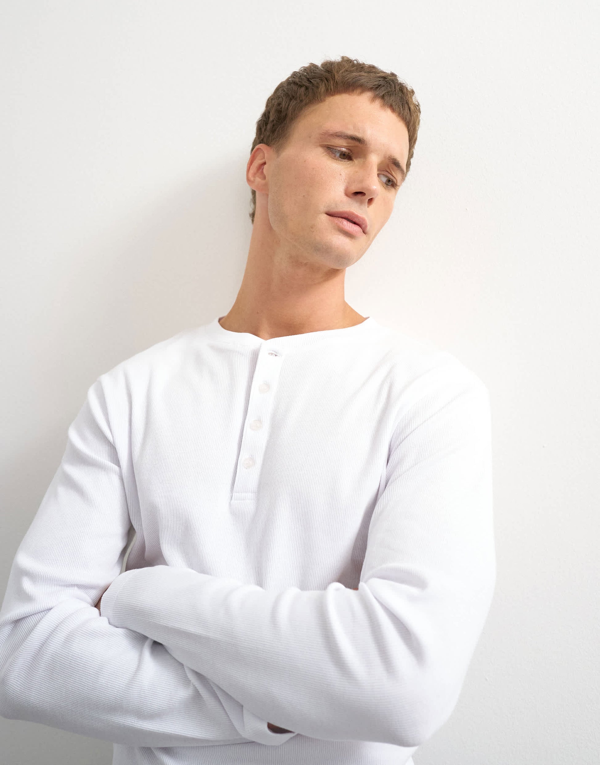 Topman slim fit long sleeve rib henley t-shirt in white