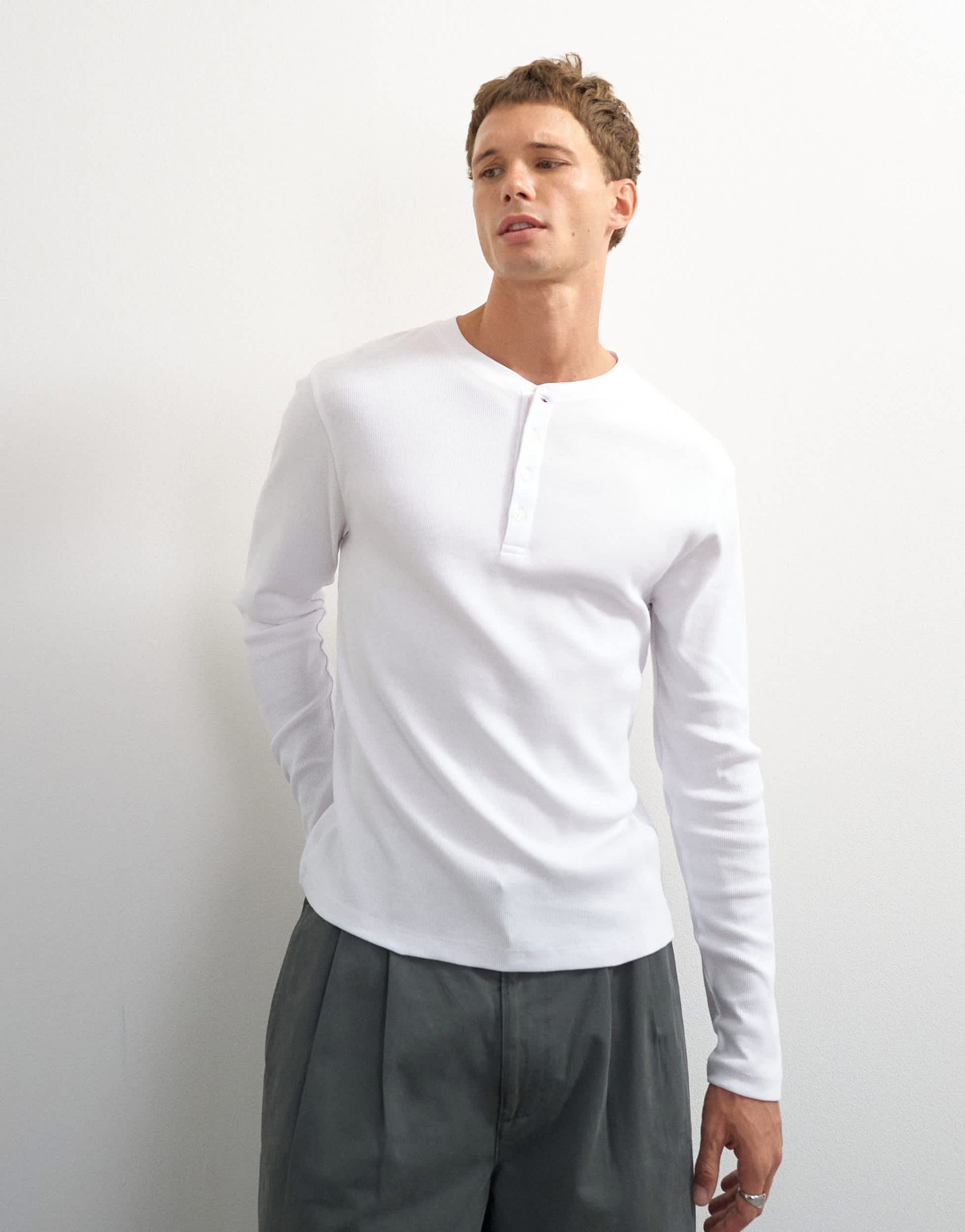 Topman slim fit long sleeve rib henley t-shirt in white