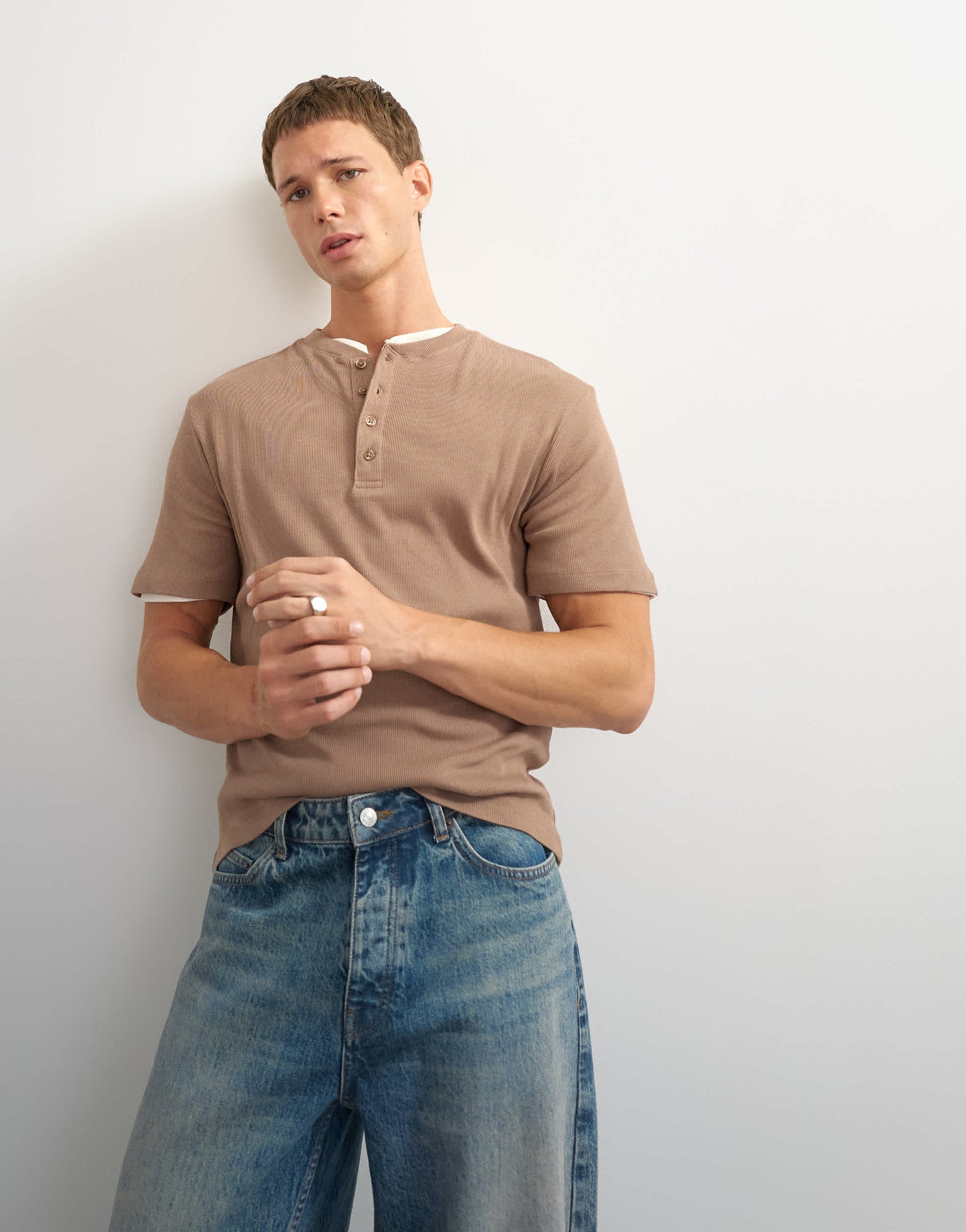 Topman slim fit rib henley t-shirt in light brown