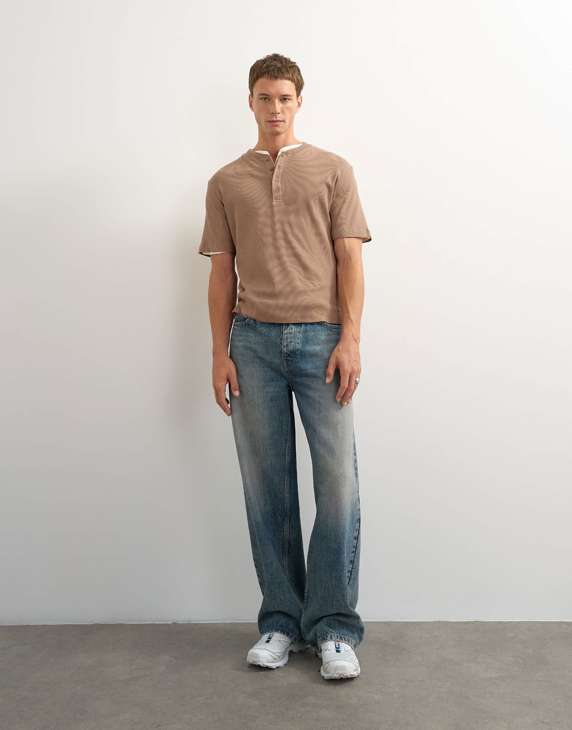 Topman slim fit rib henley t-shirt in light brown