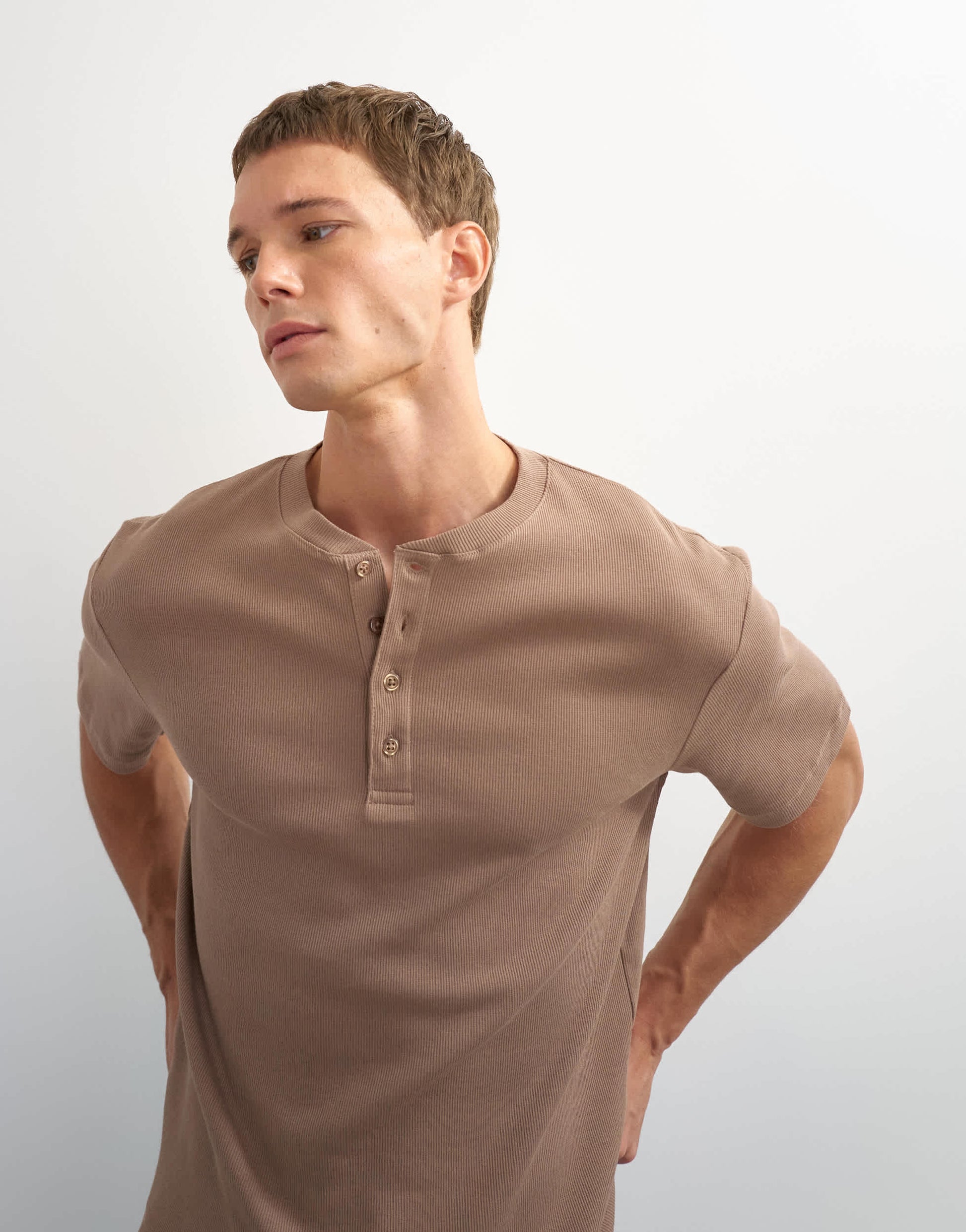 Topman slim fit rib henley t-shirt in light brown