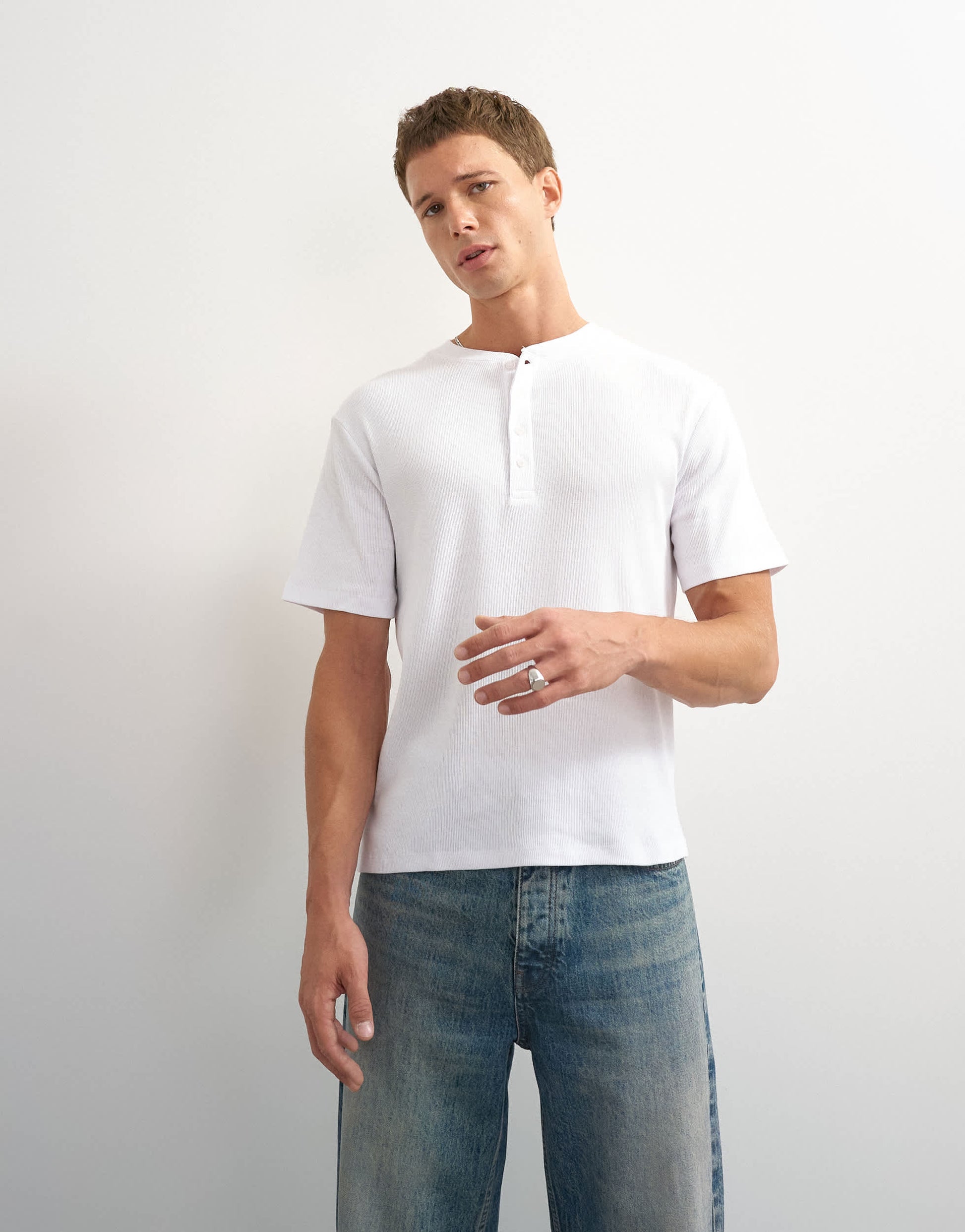 Topman slim fit rib henley t-shirt in white