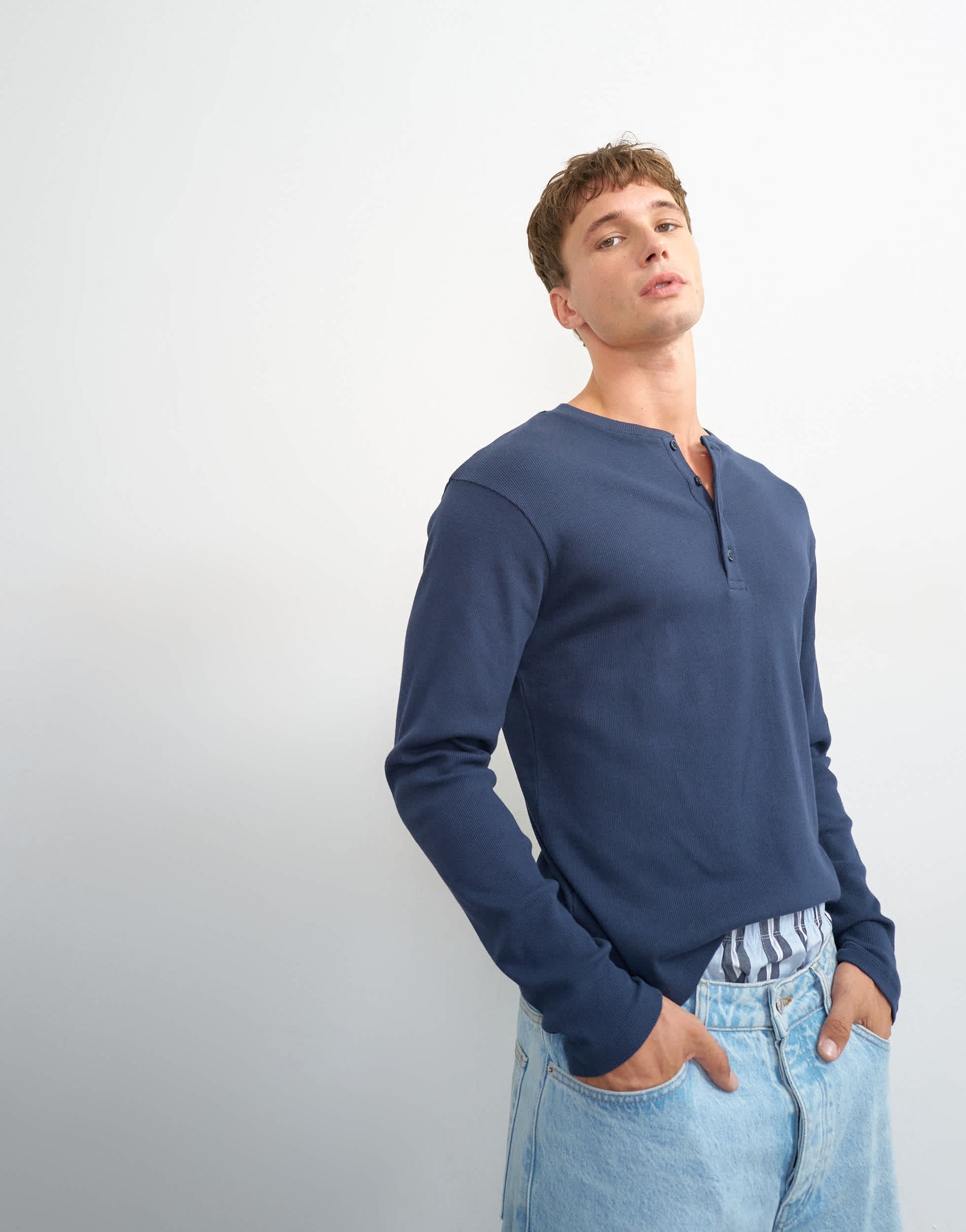 Topman slim fit long sleeve rib henley t-shirt in navy