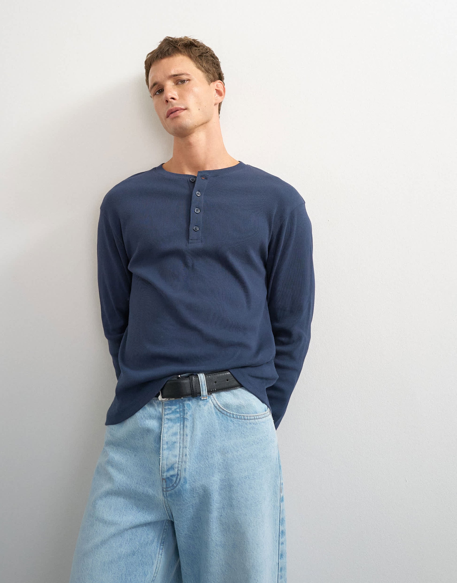 Topman slim fit long sleeve rib henley t-shirt in navy