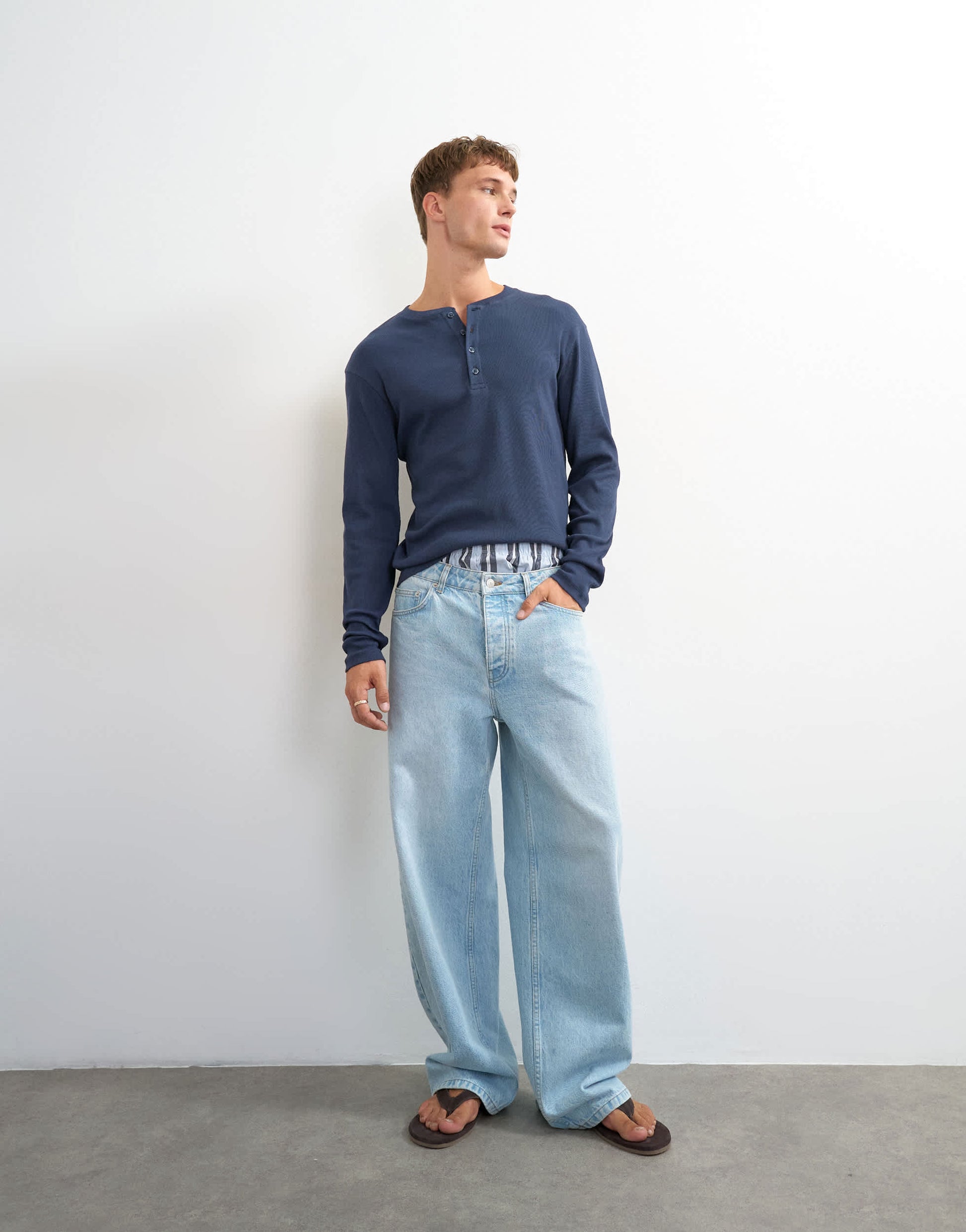 Topman slim fit long sleeve rib henley t-shirt in navy