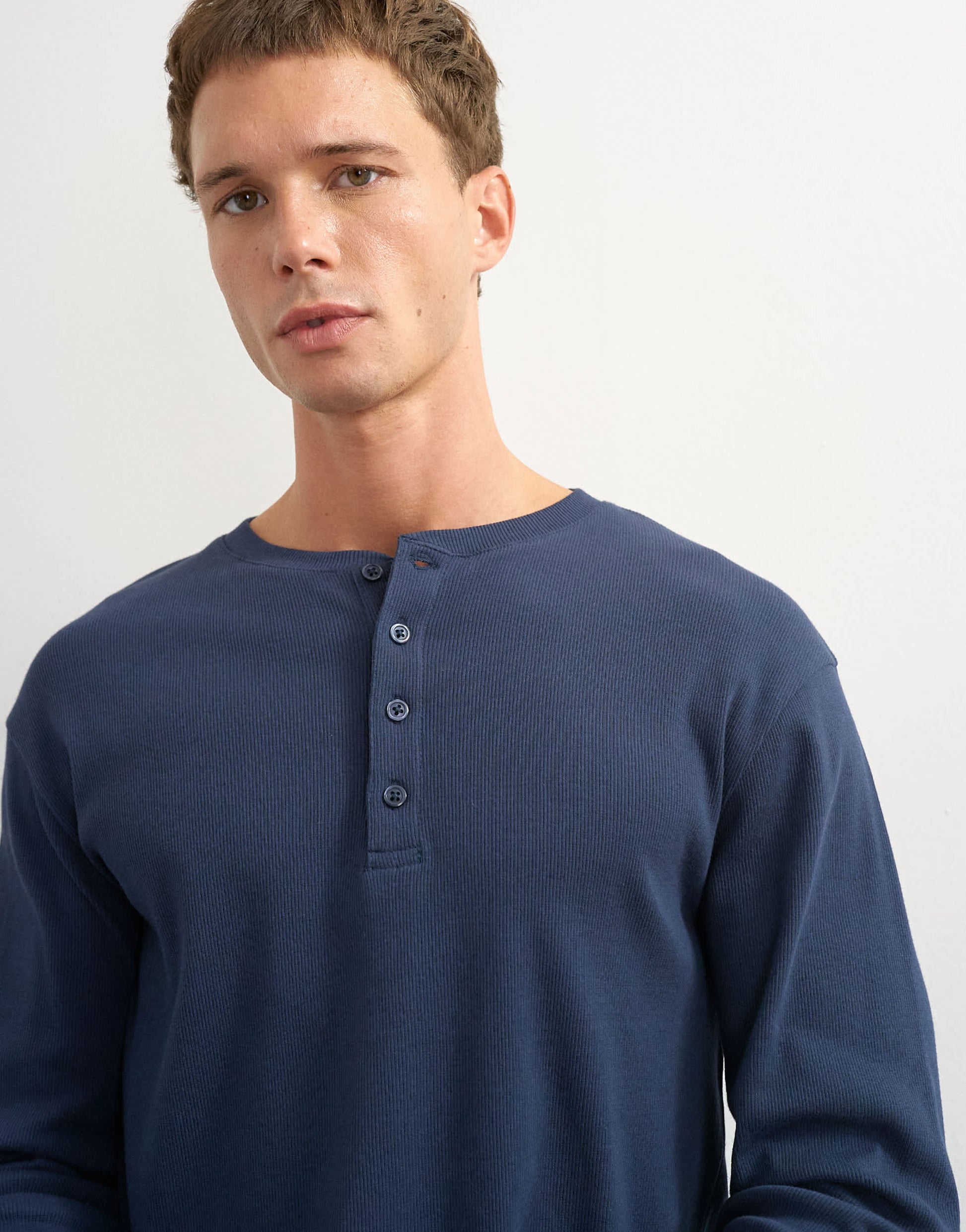 Topman slim fit long sleeve rib henley t-shirt in navy