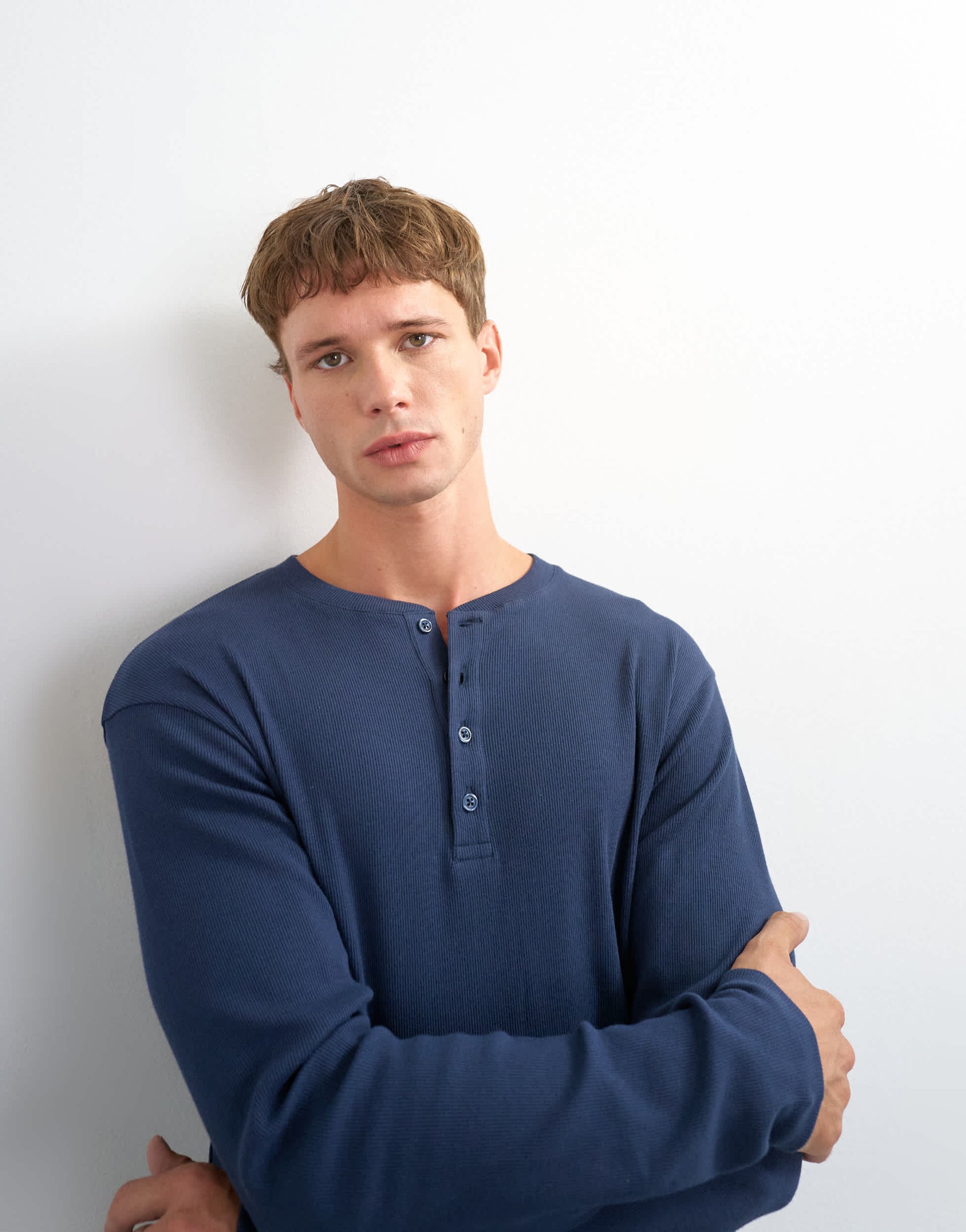 Topman slim fit long sleeve rib henley t-shirt in navy