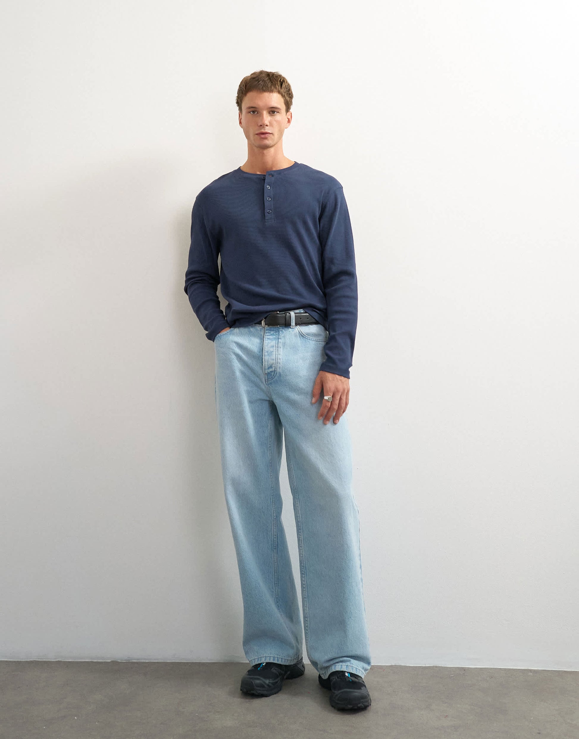 Topman slim fit long sleeve rib henley t-shirt in navy