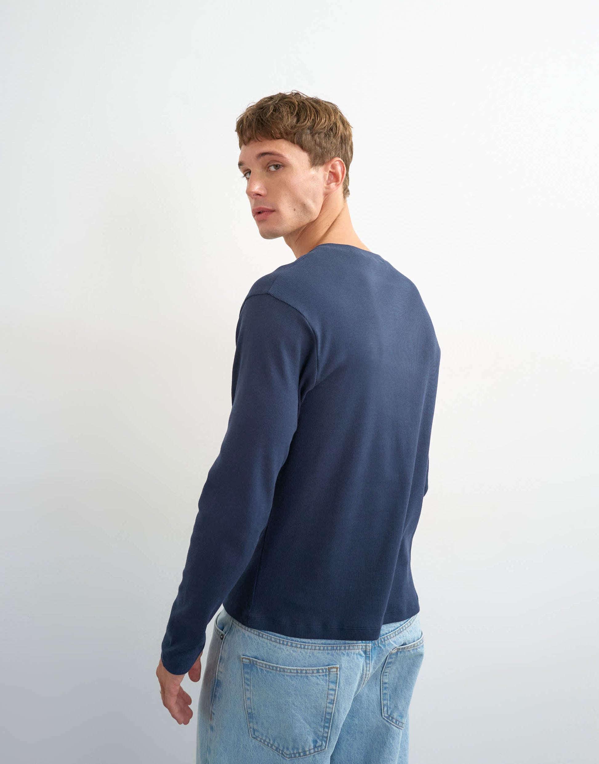 Topman slim fit long sleeve rib henley t-shirt in navy