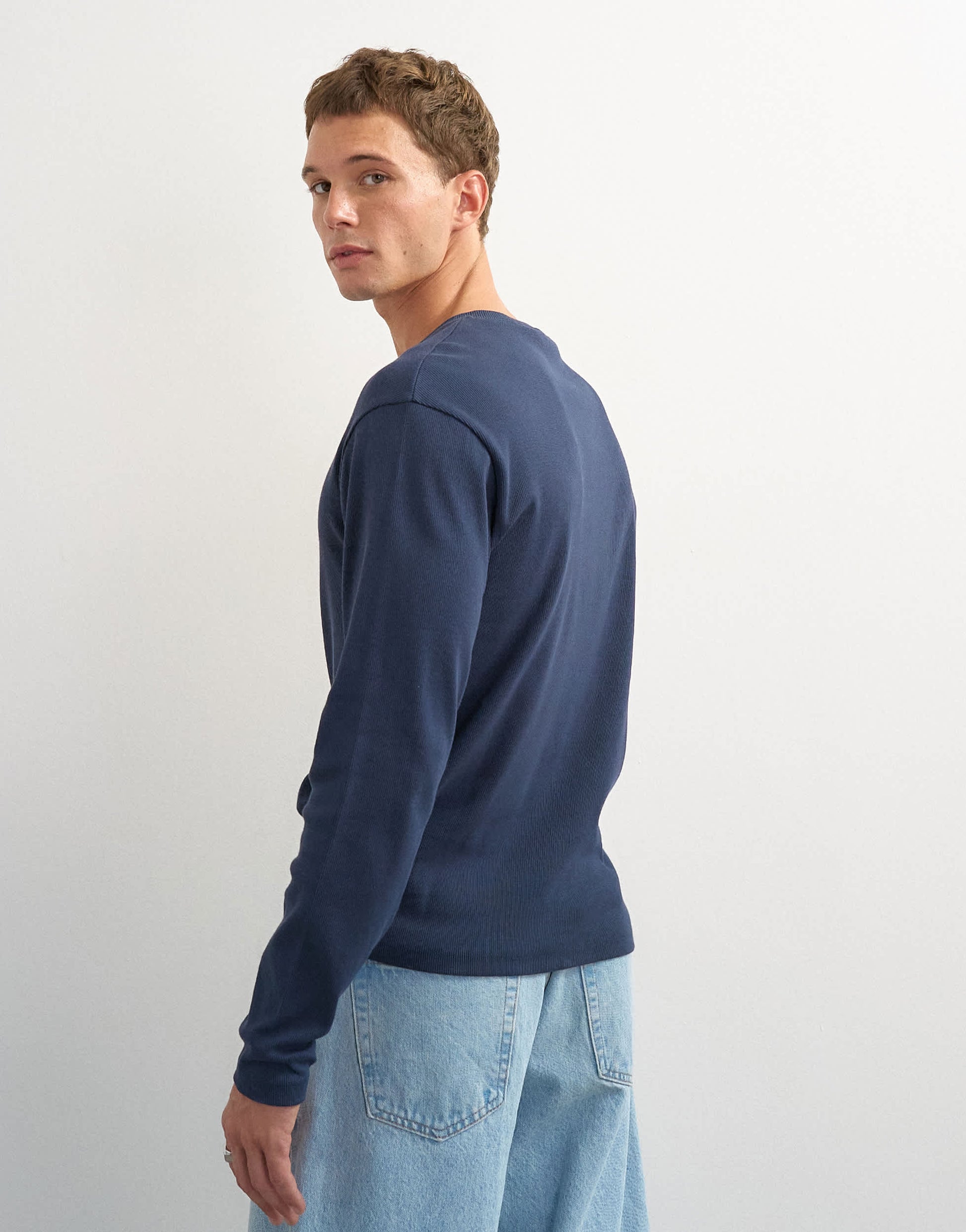 Topman slim fit long sleeve rib henley t-shirt in navy