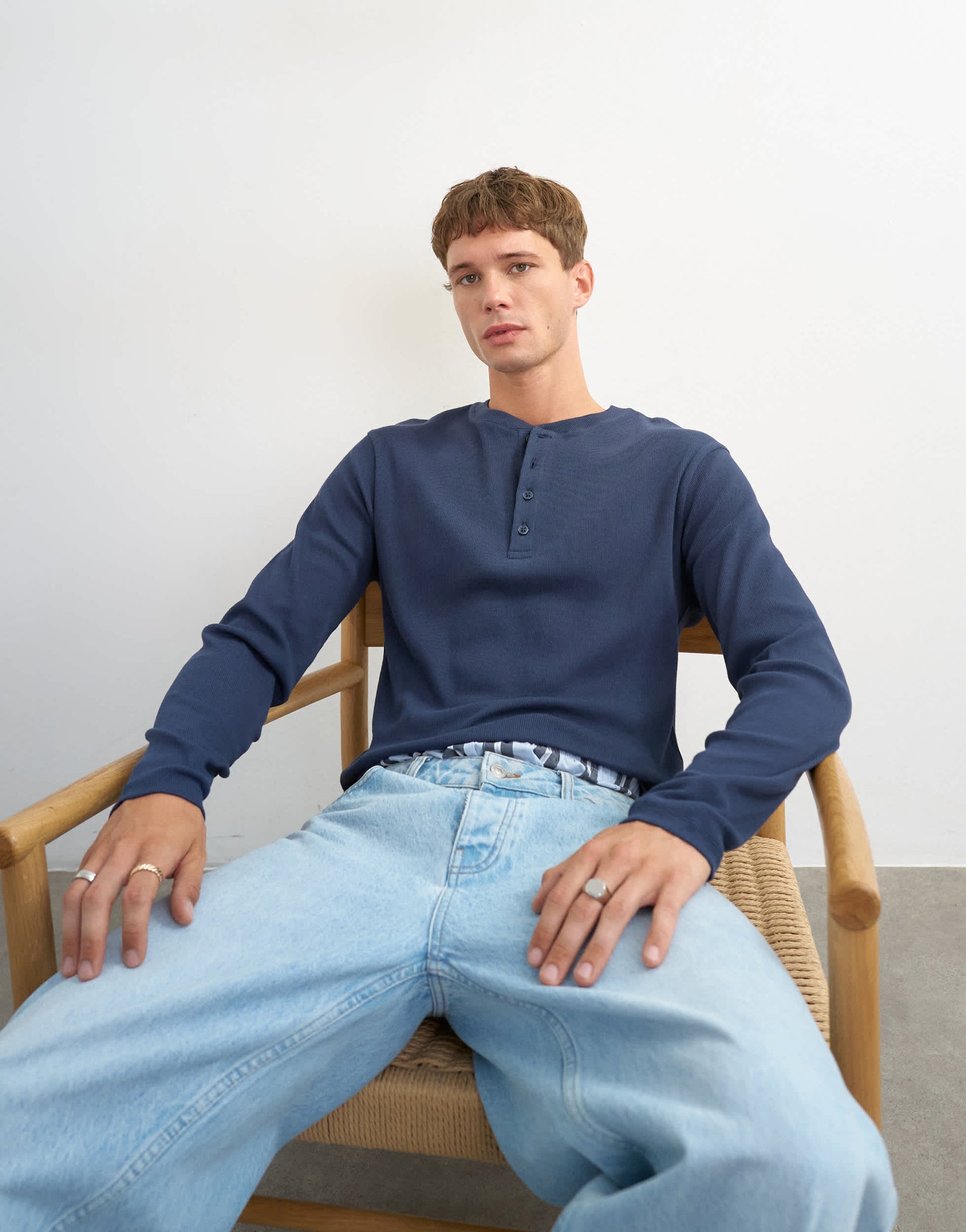 Topman slim fit long sleeve rib henley t-shirt in navy