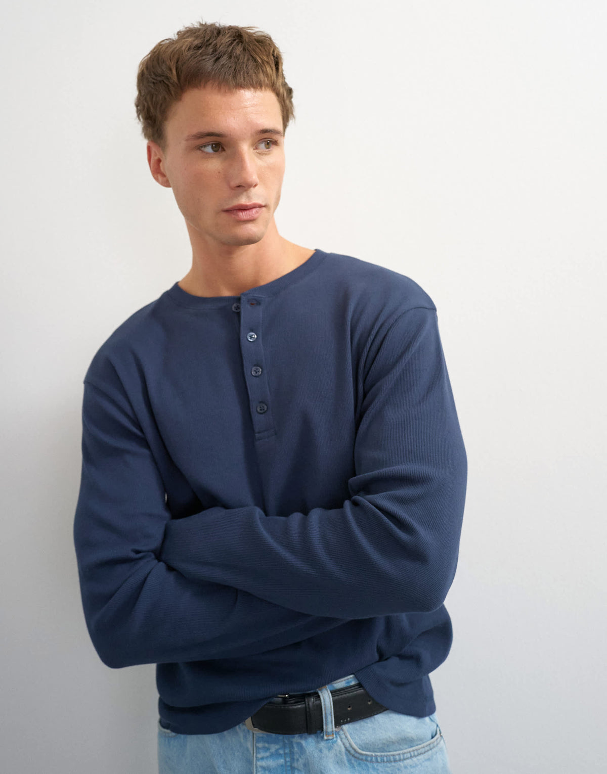 Topman slim fit long sleeve rib henley t-shirt in navy