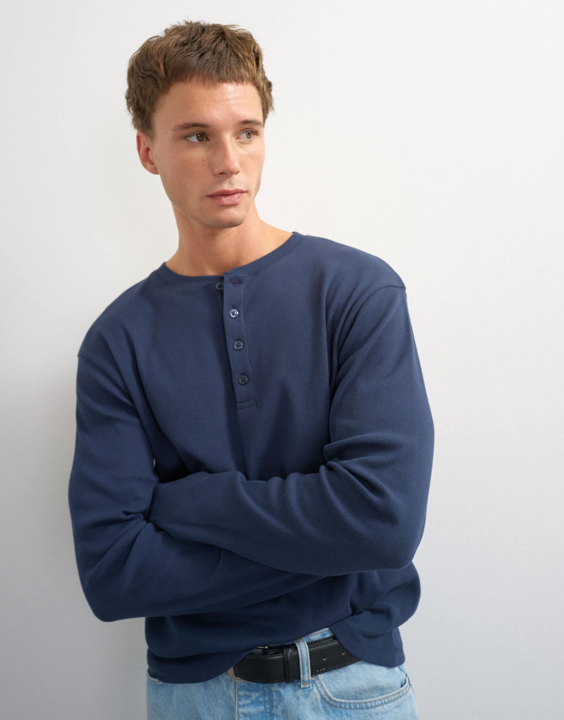Topman slim fit long sleeve rib henley t-shirt in navy
