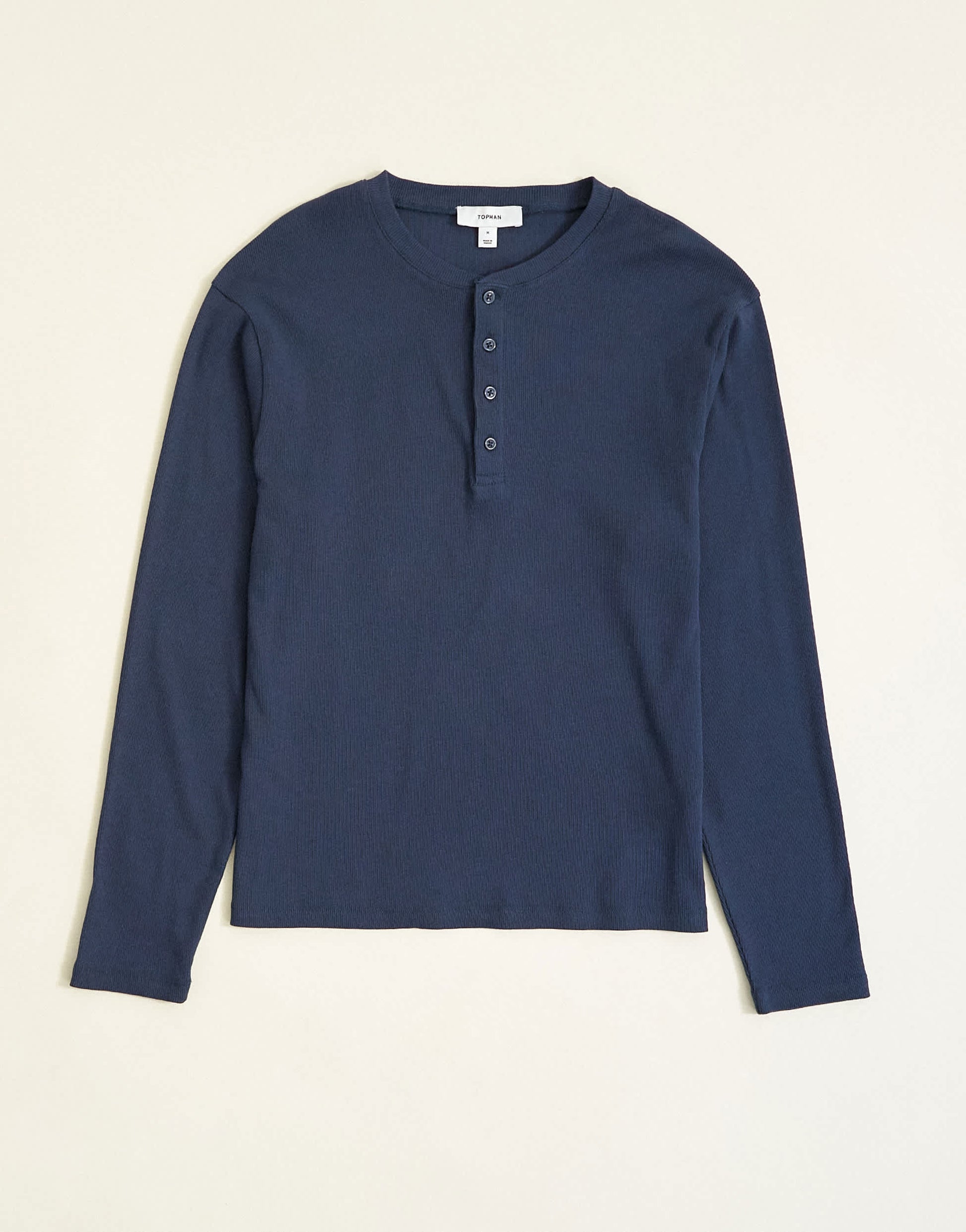 Topman slim fit long sleeve rib henley t-shirt in navy