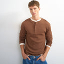 Topman slim fit long sleeve rib henley t-shirt in brown