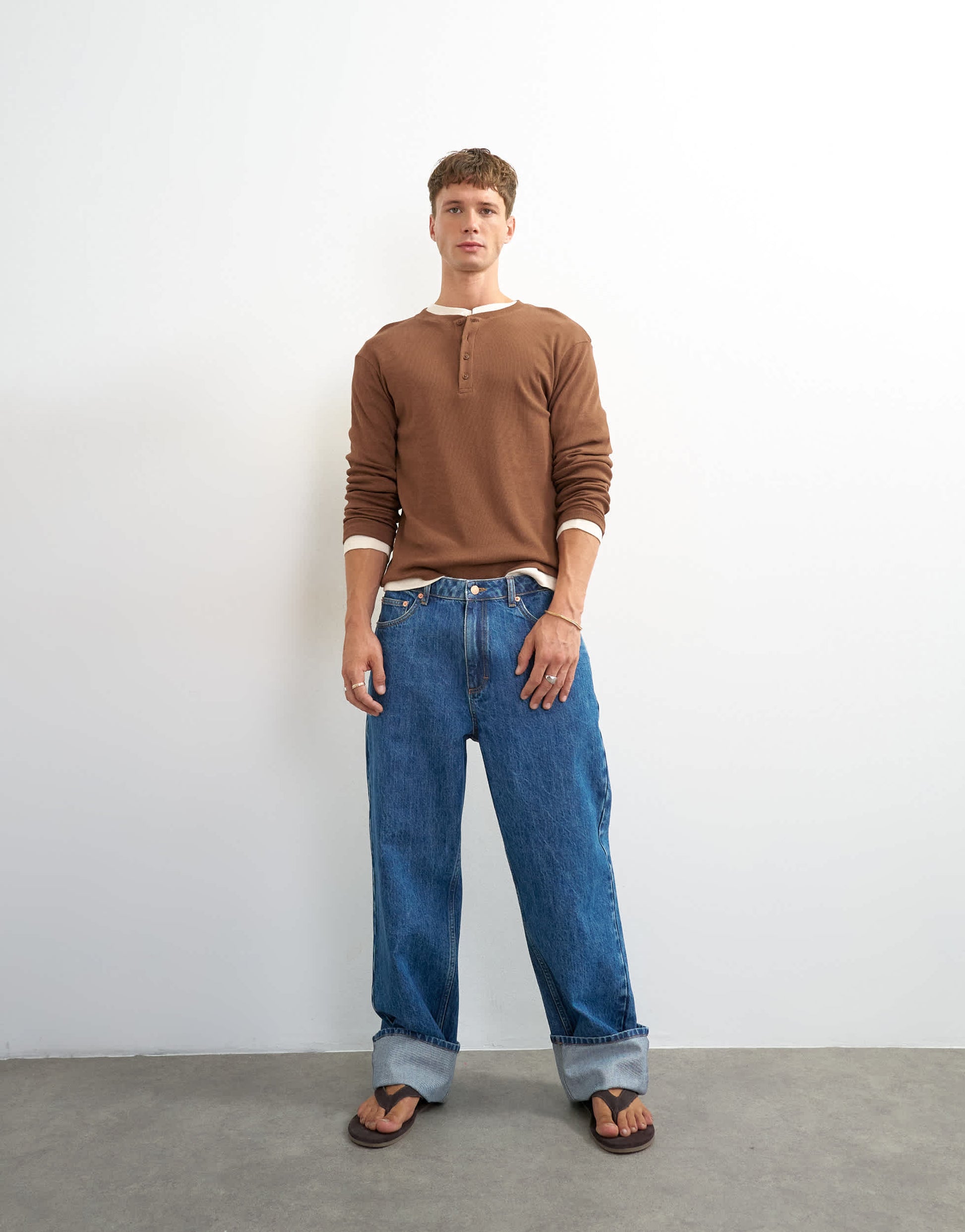 Topman slim fit long sleeve rib henley t-shirt in brown