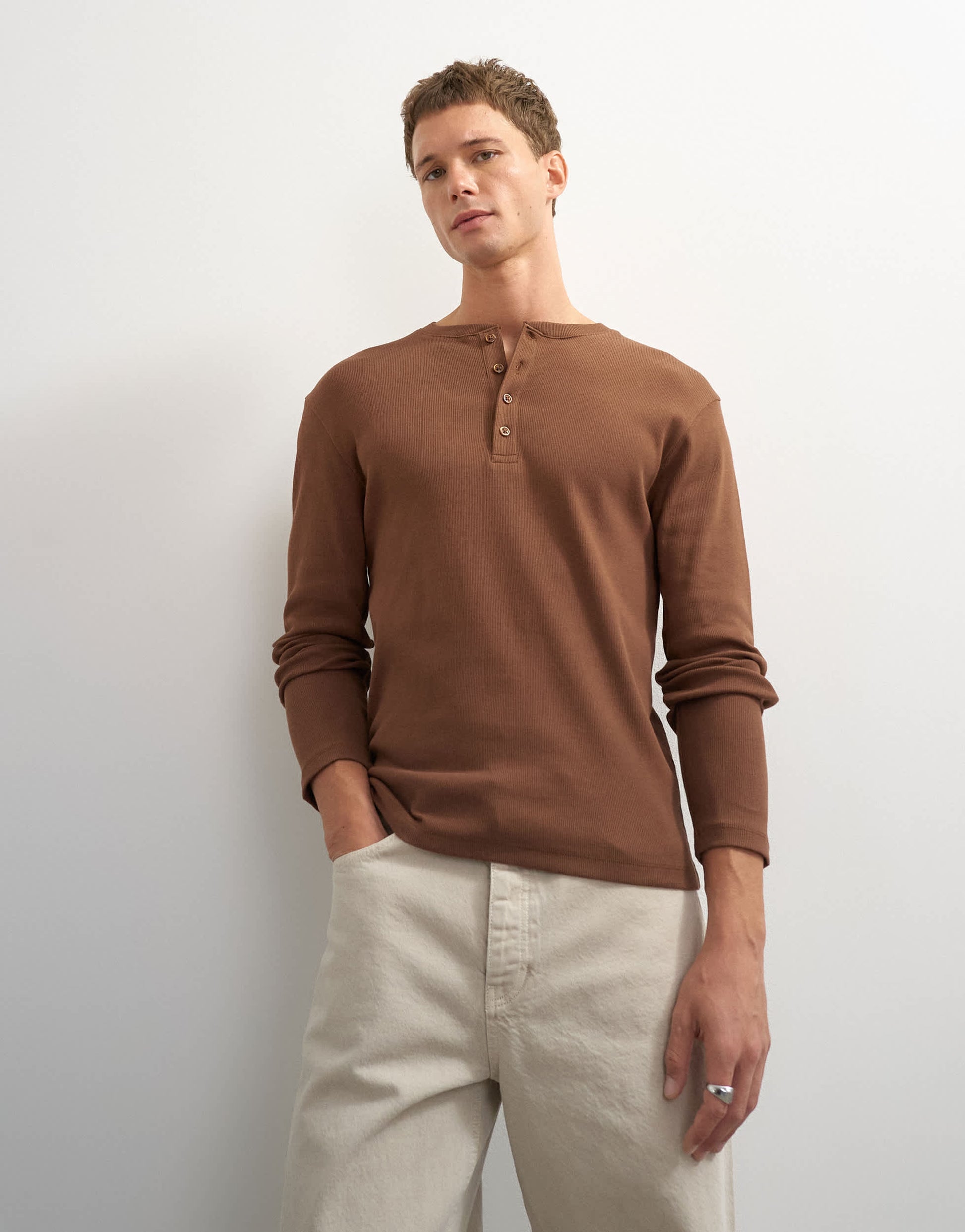 Topman slim fit long sleeve rib henley t-shirt in brown