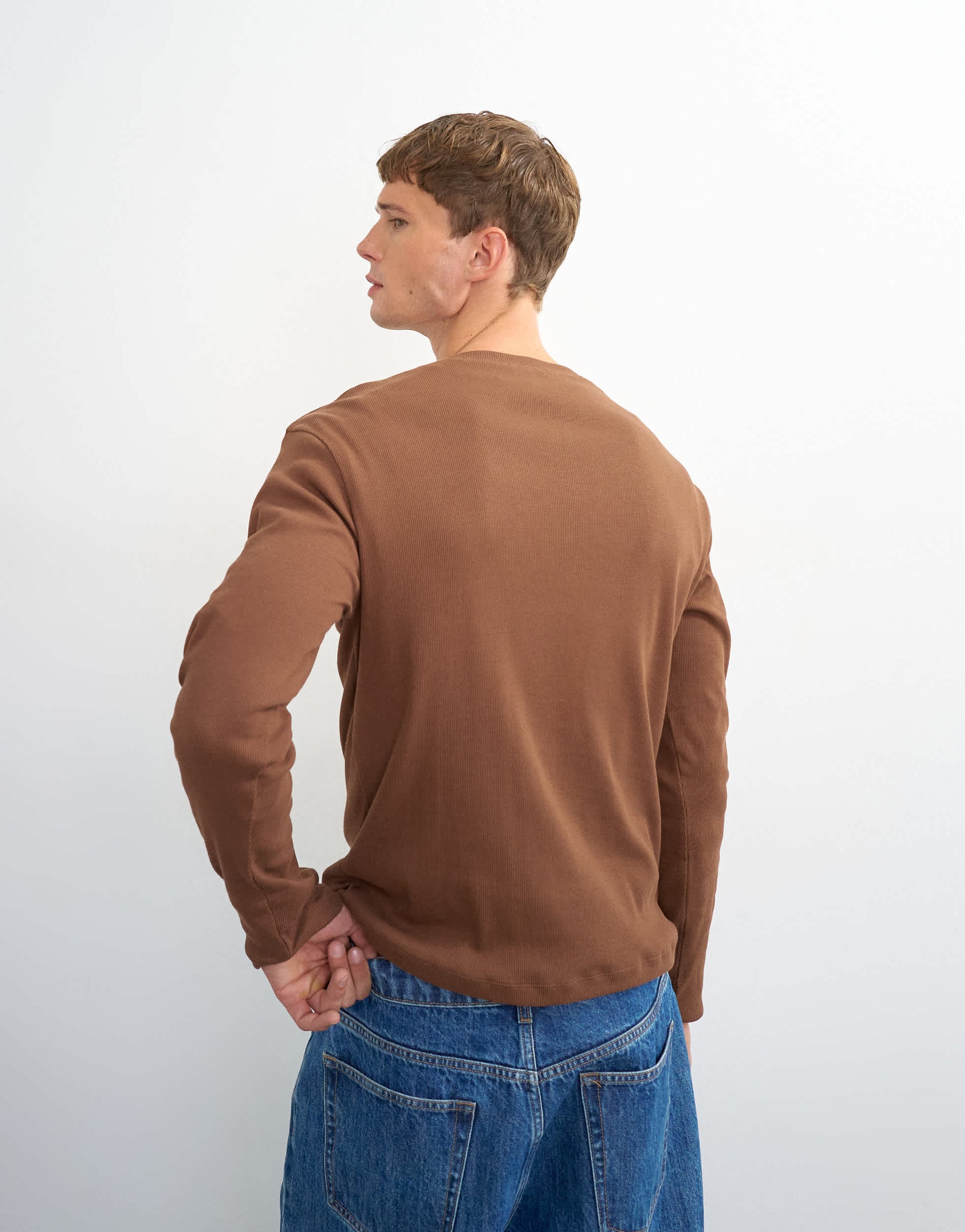 Topman slim fit long sleeve rib henley t-shirt in brown