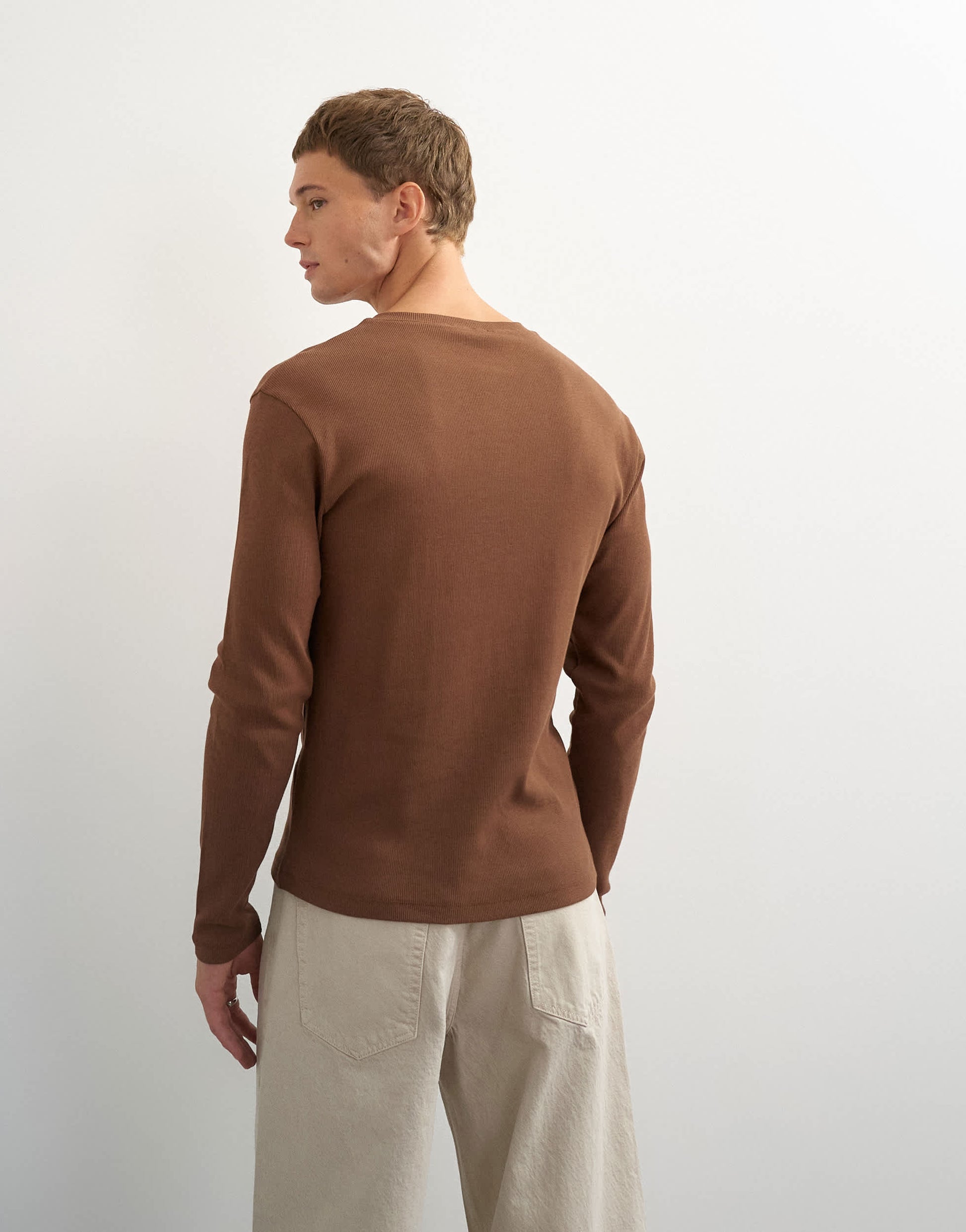 Topman slim fit long sleeve rib henley t-shirt in brown