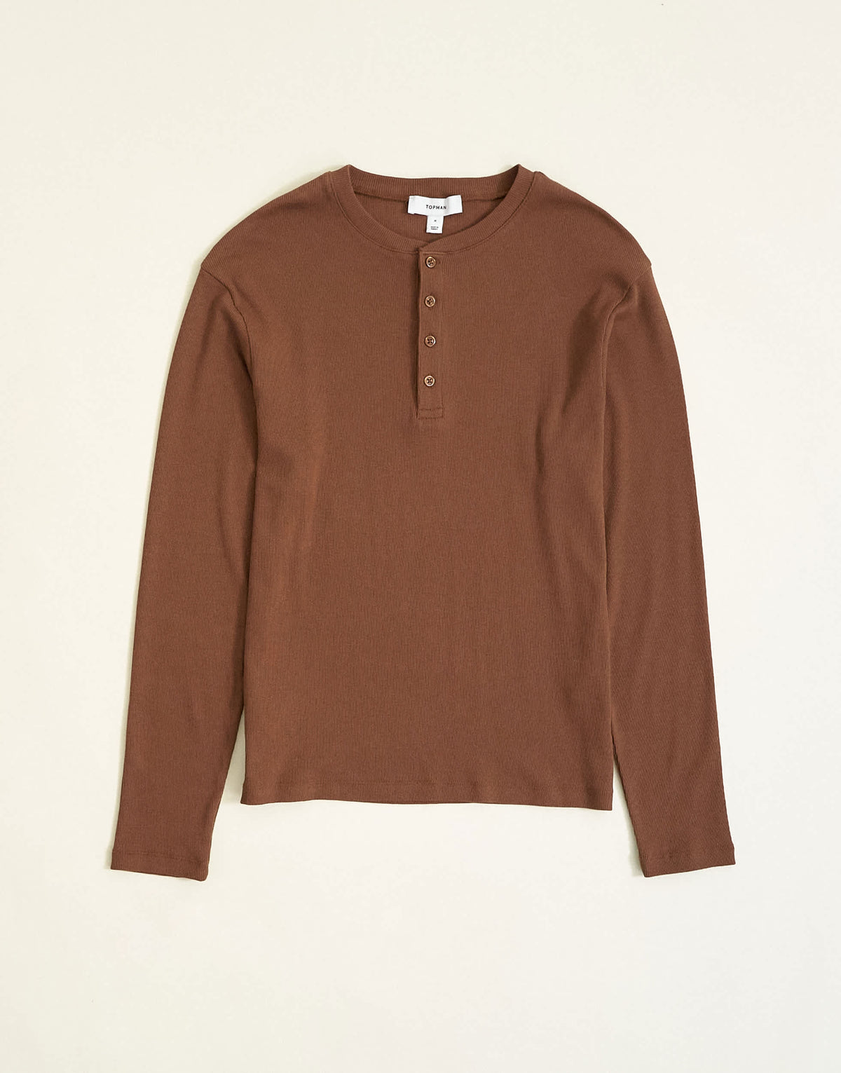 Topman slim fit long sleeve rib henley t-shirt in brown