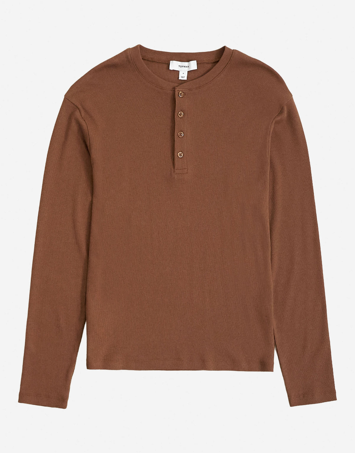Topman slim fit long sleeve rib henley t-shirt in brown