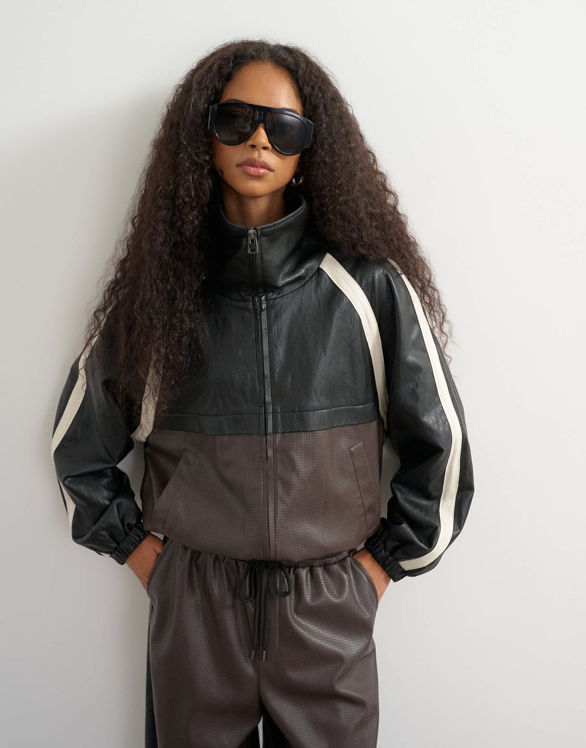 Topshop co-ord faux leather colour block jacket in black