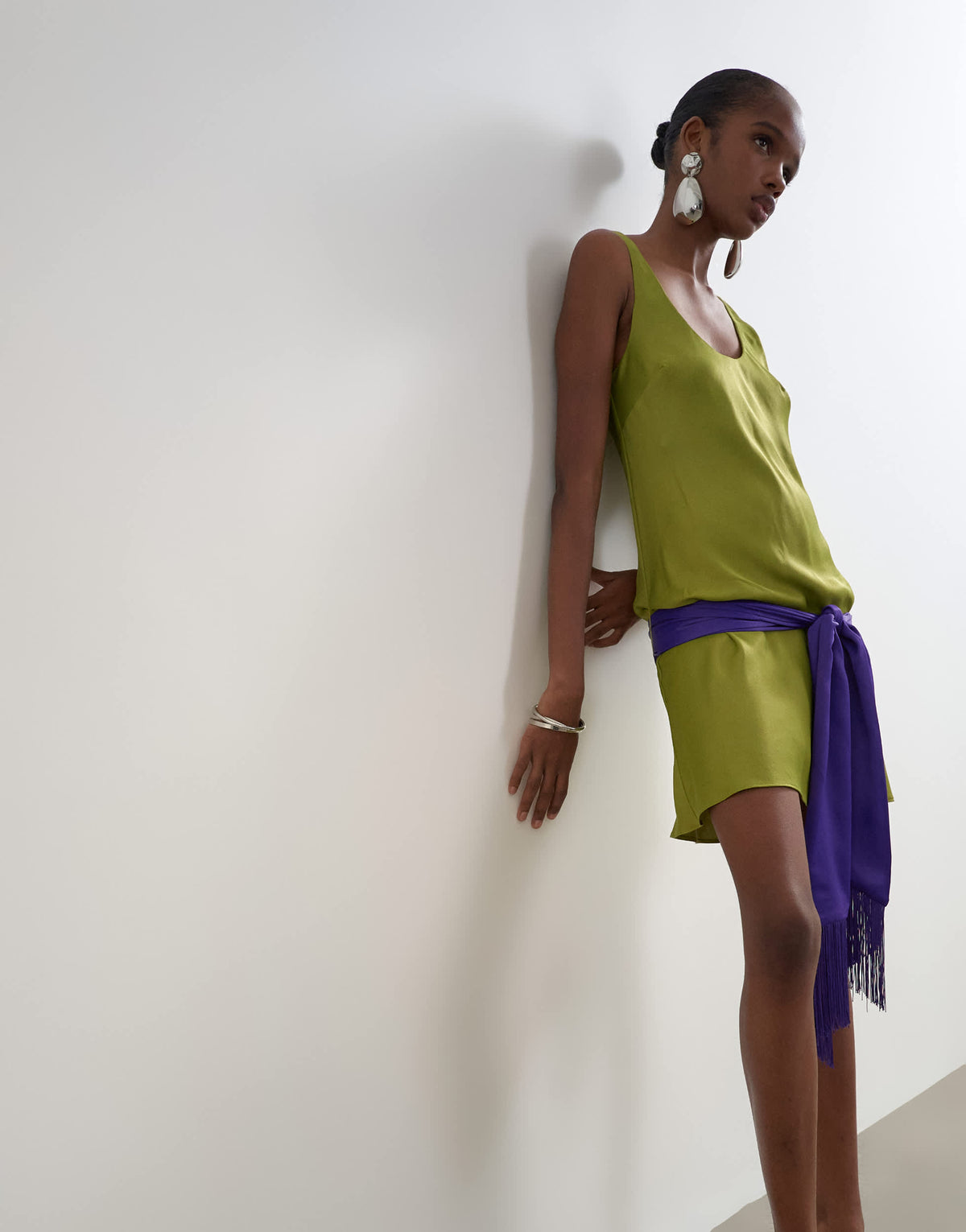 Topshop satin scoop neck dropped waist mini dress with fringed tie in green and purple