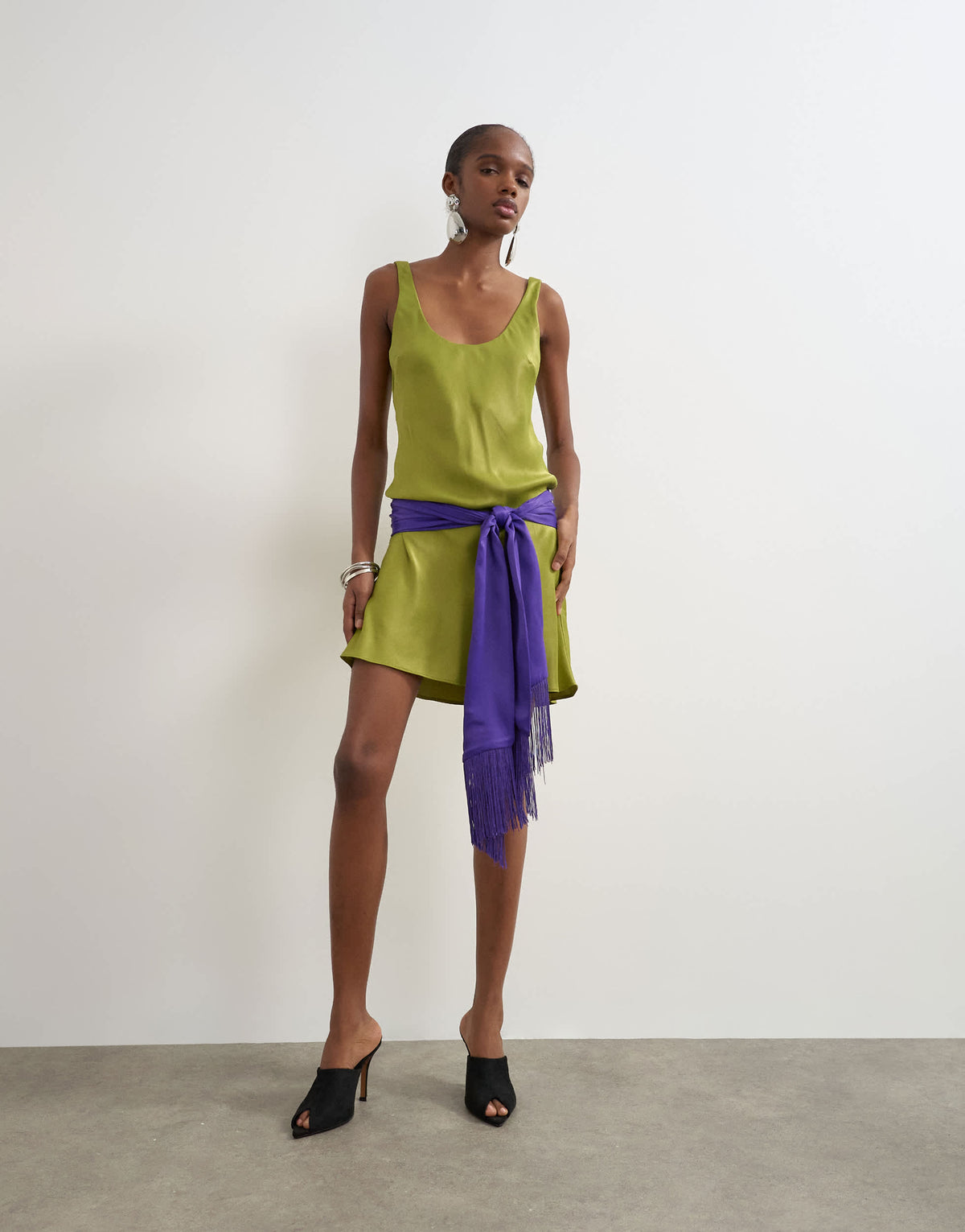 Topshop satin scoop neck dropped waist mini dress with fringed tie in green and purple