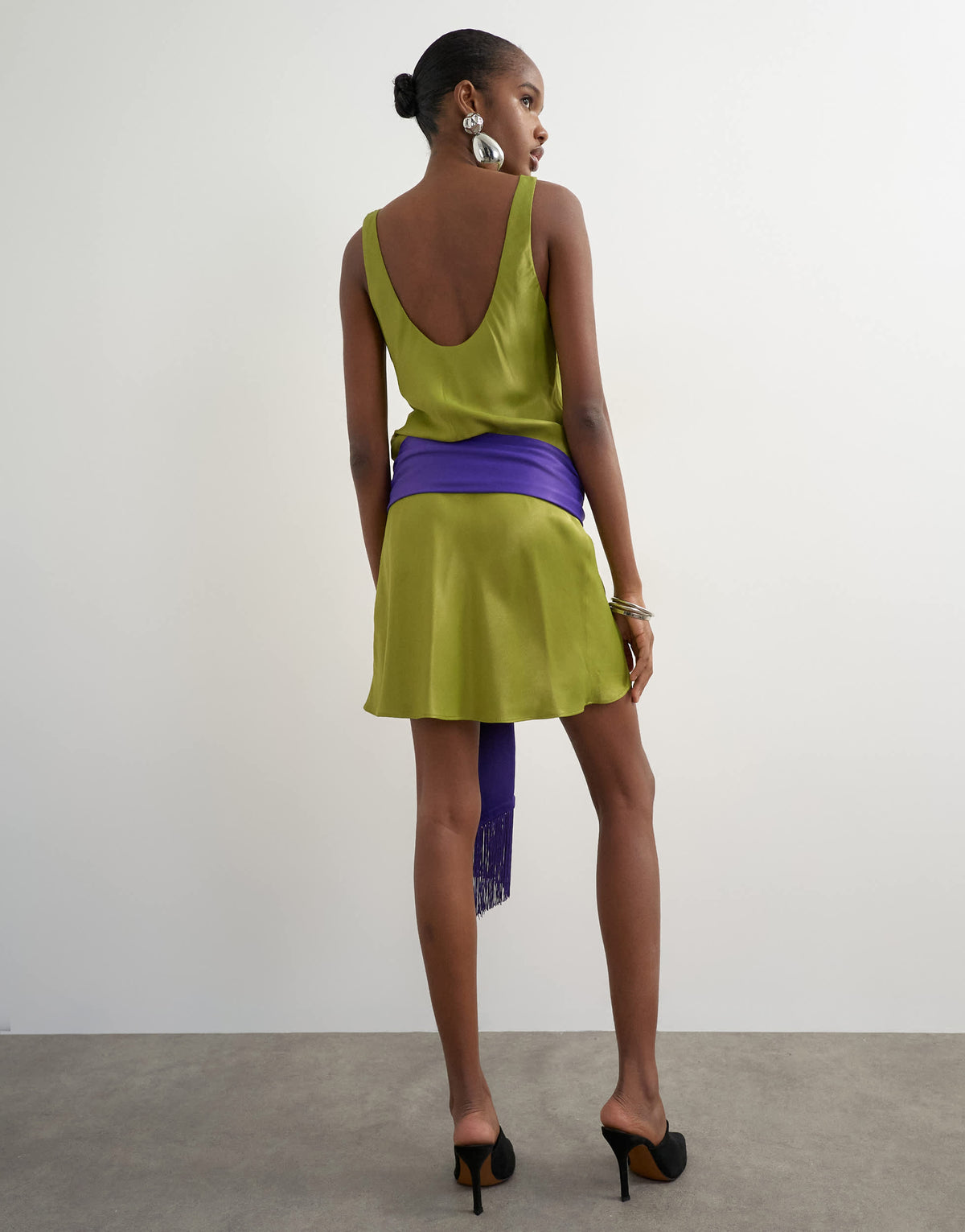 Topshop satin scoop neck dropped waist mini dress with fringed tie in green and purple