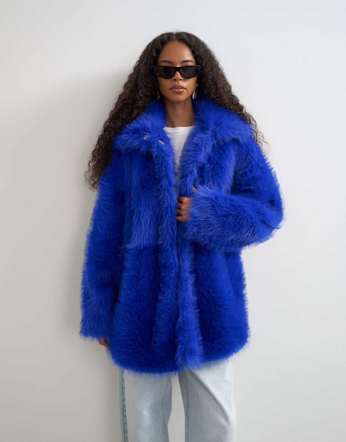 Topshop faux fur midi coat in electric blue