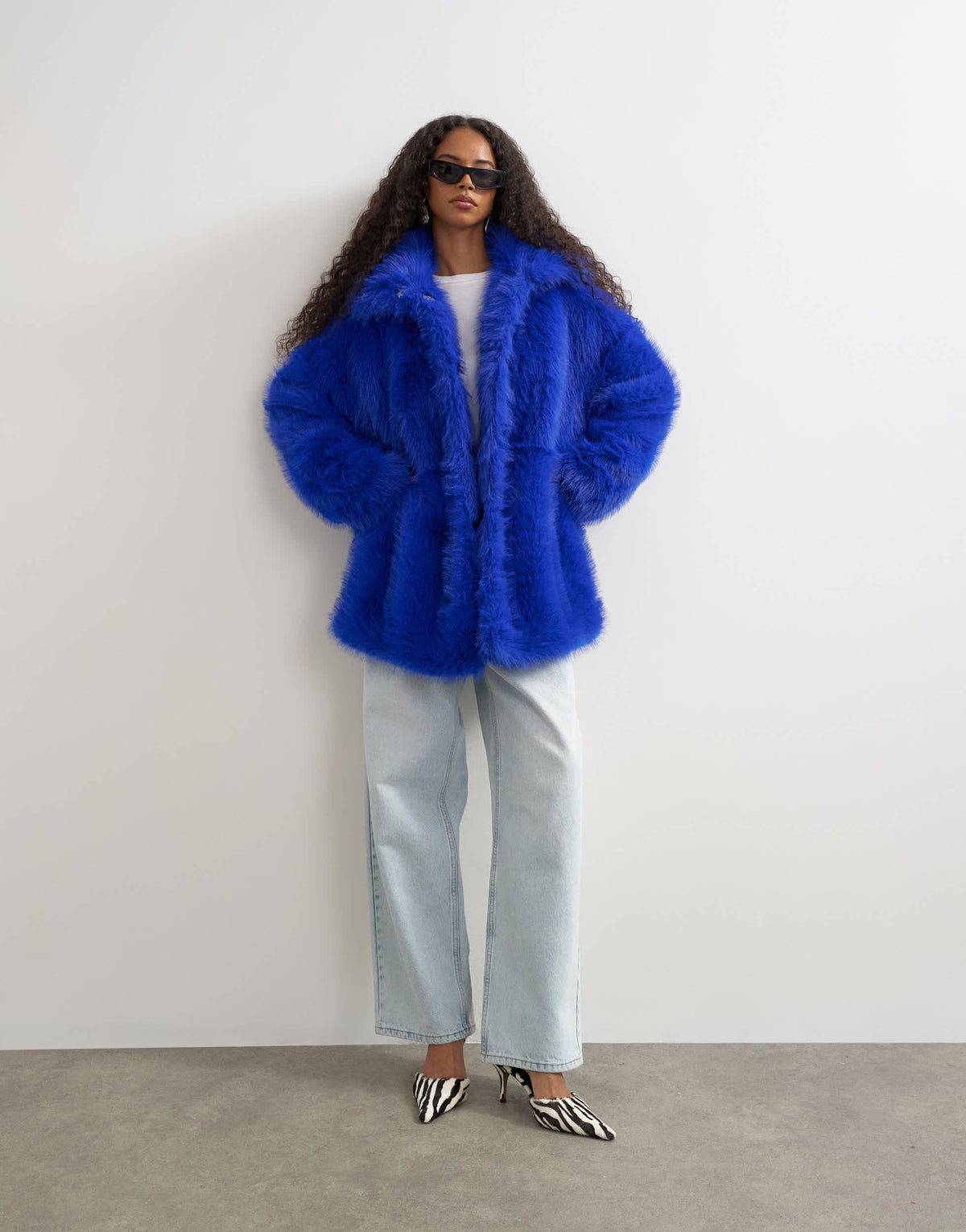 Topshop faux fur midi coat in electric blue