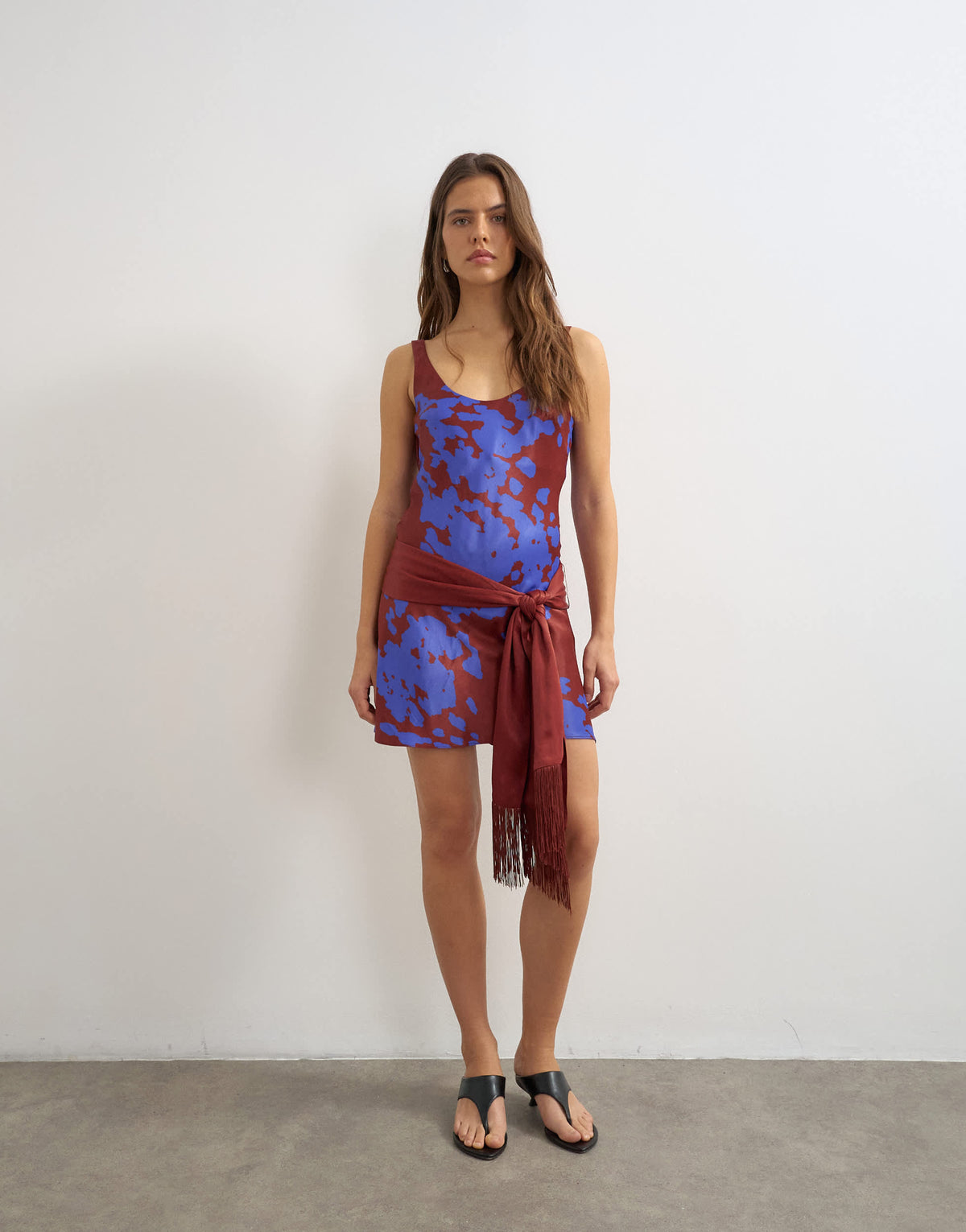 Topshop satin scoop neck dropped waist mini dress with fringed tie in burgundy and blue abstract print