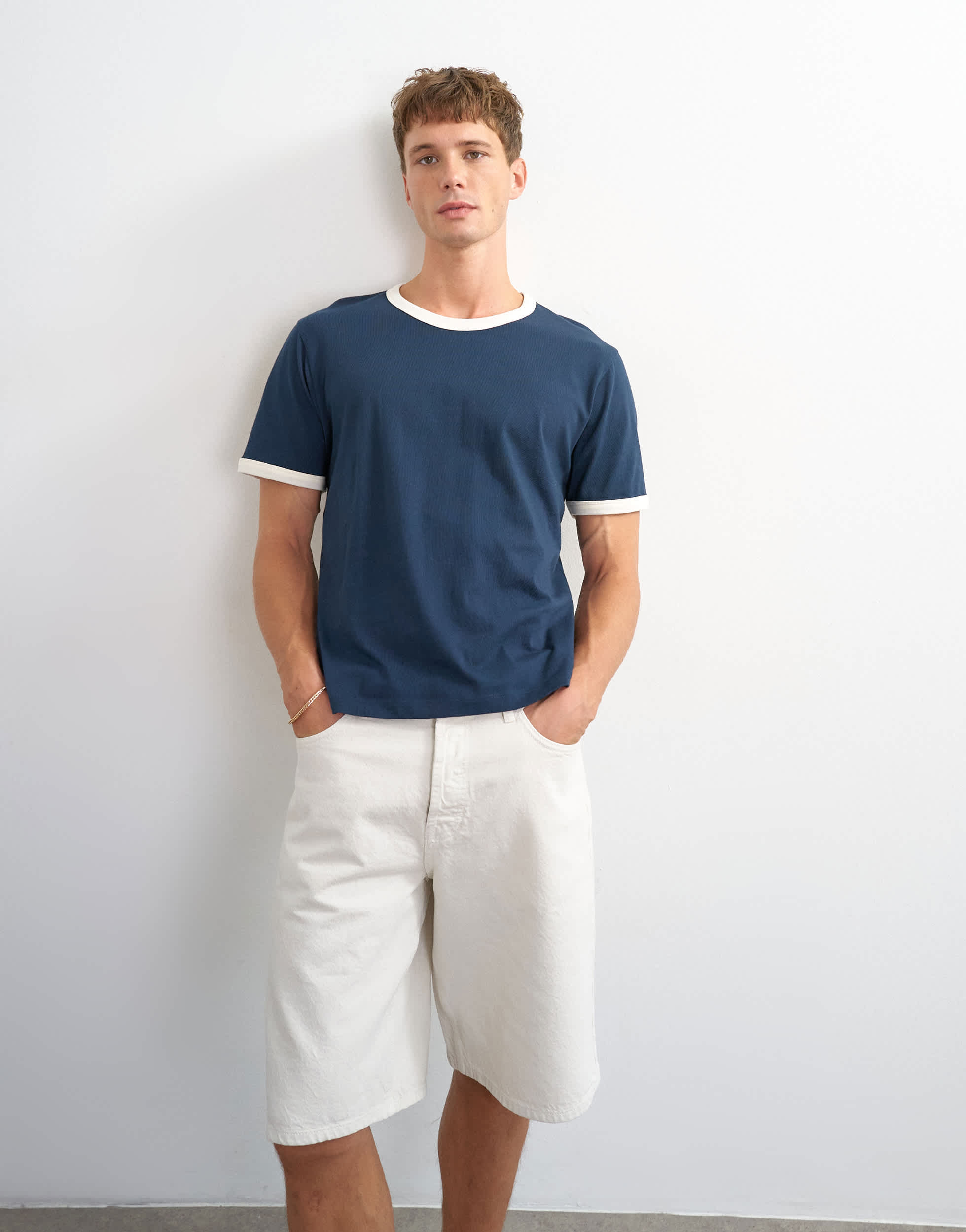 Topman classic fit crop ringer t-shirt in navy
