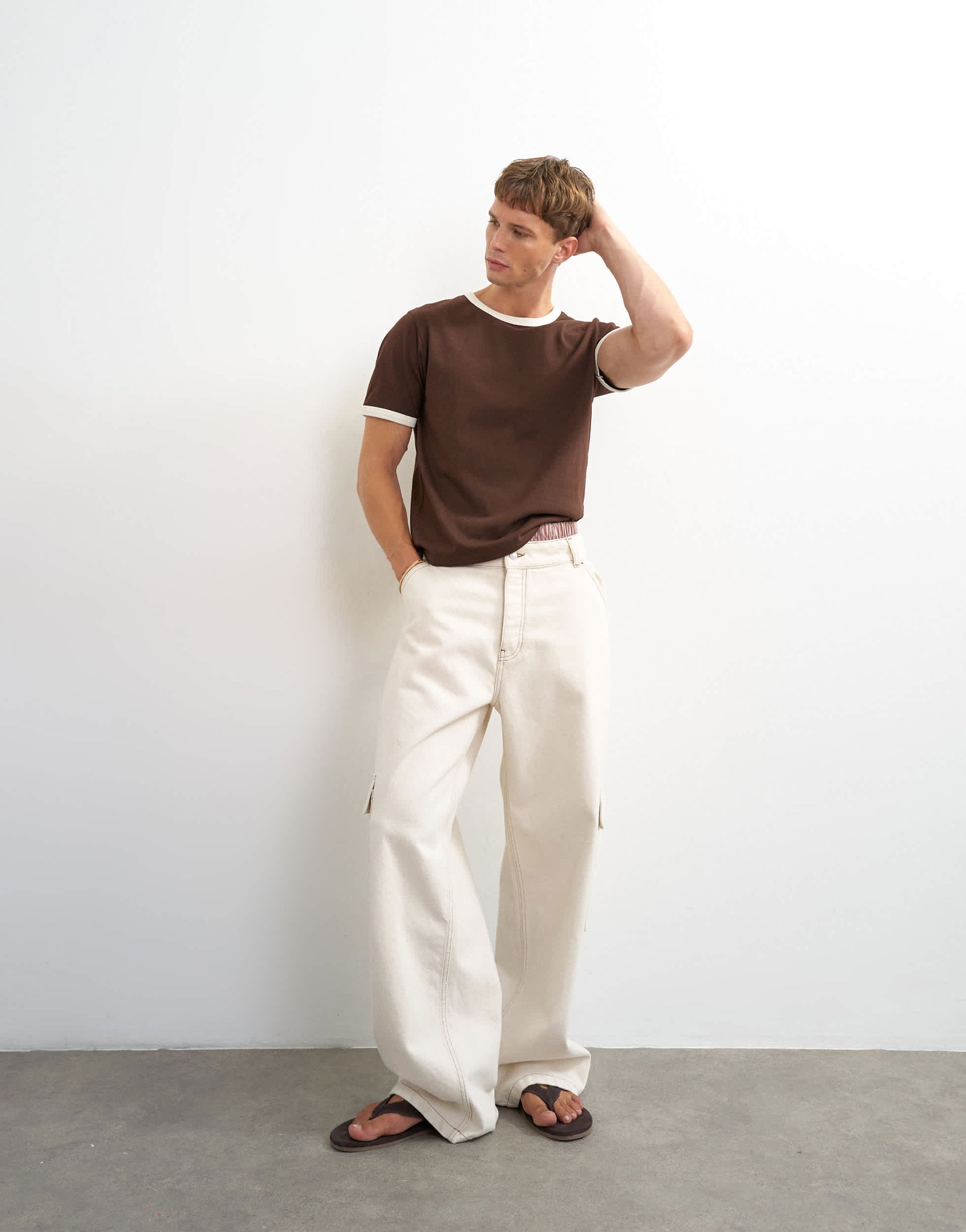 Topman classic fit crop ringer t-shirt in brown