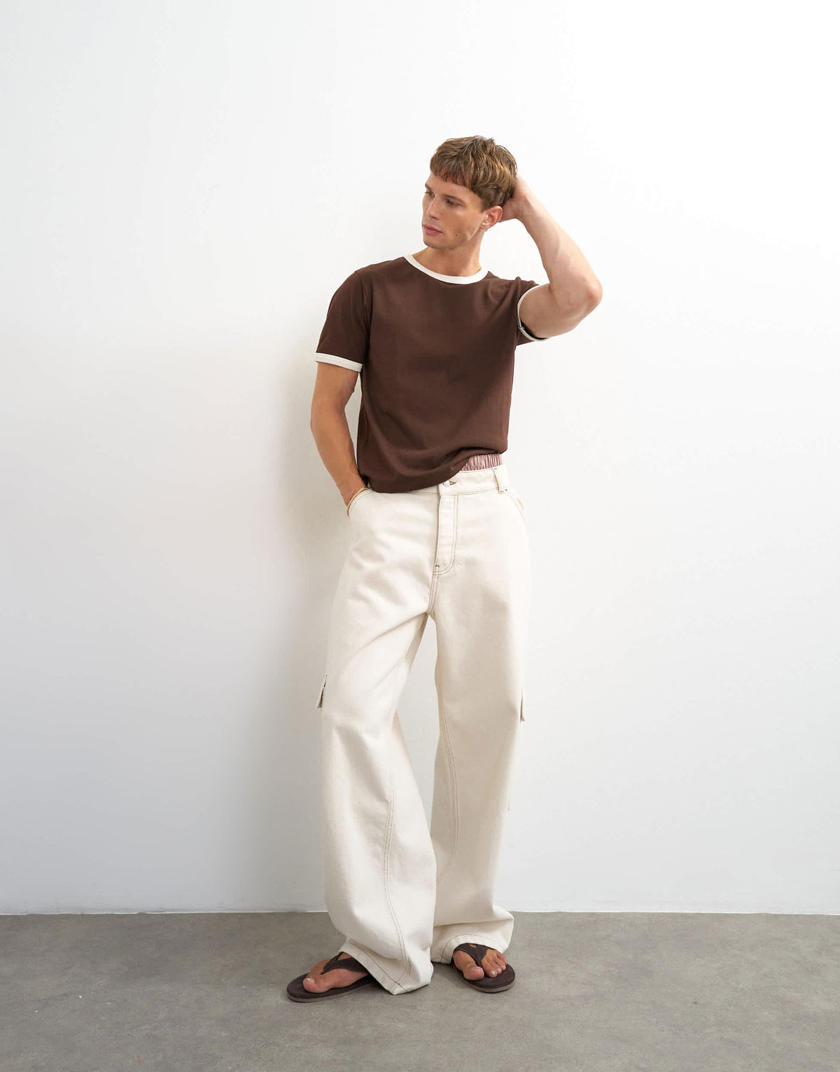 Topman classic fit crop ringer t-shirt in brown