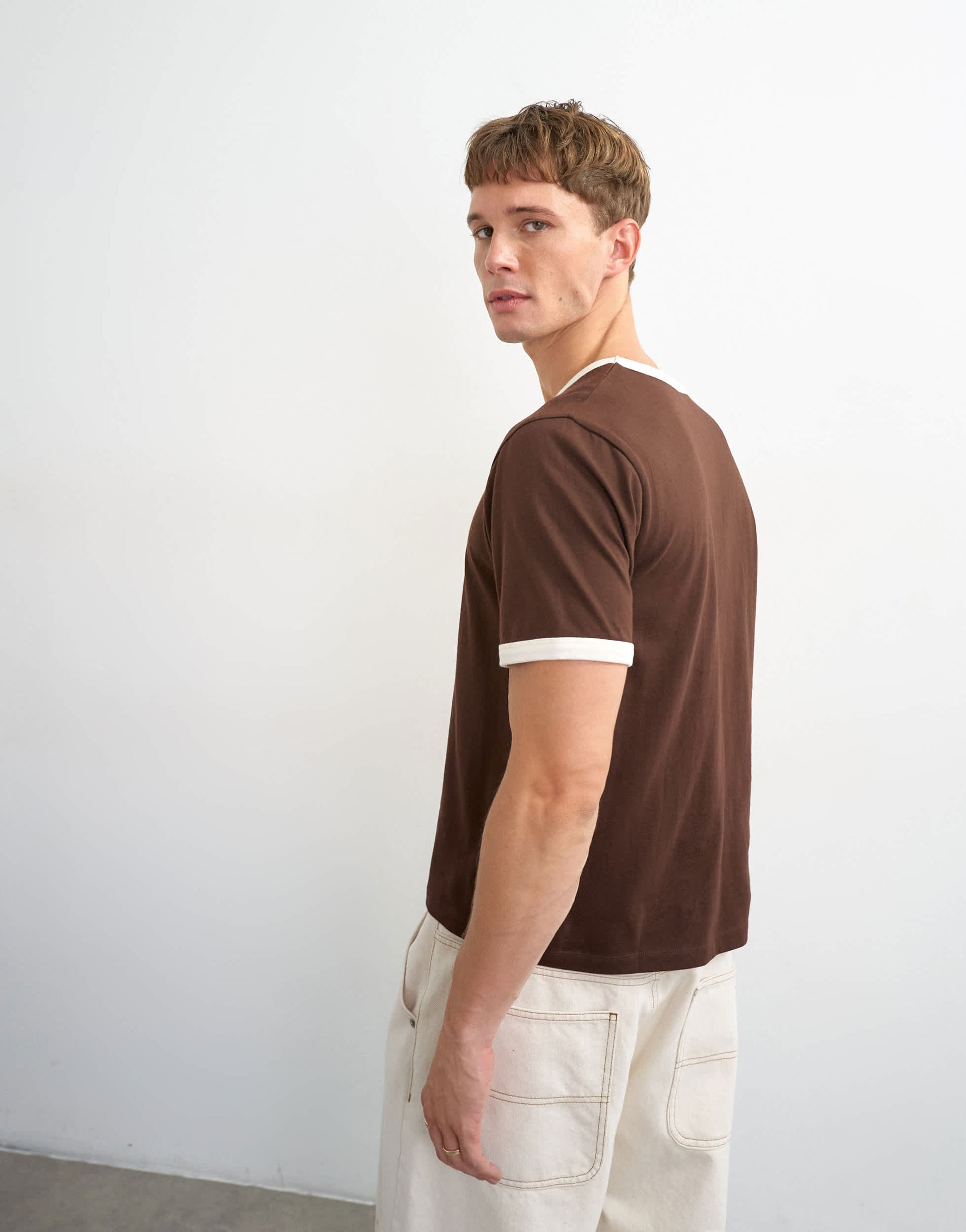 Topman classic fit crop ringer t-shirt in brown