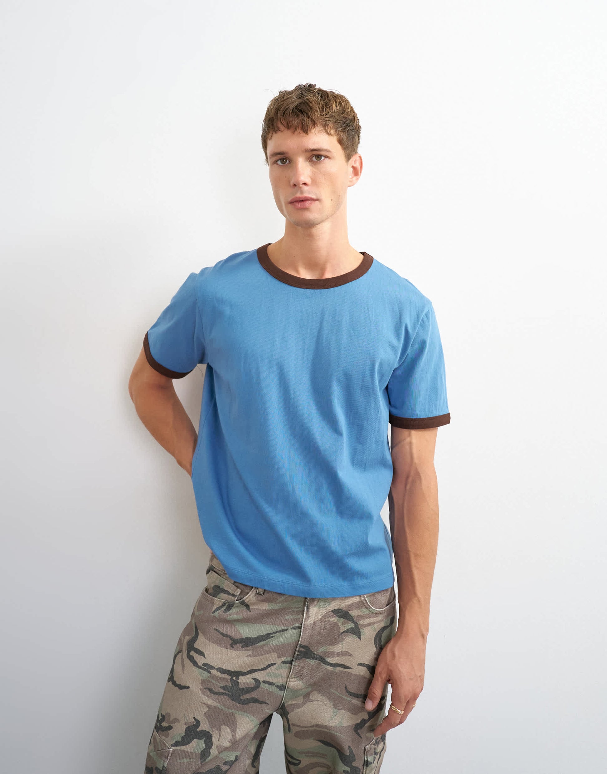 Topman classic fit crop ringer t-shirt in light blue