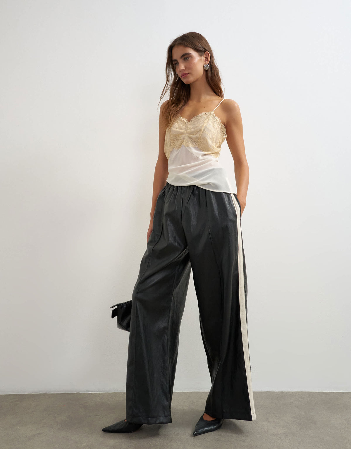 Topshop faux leather stripe wide leg trousers in black