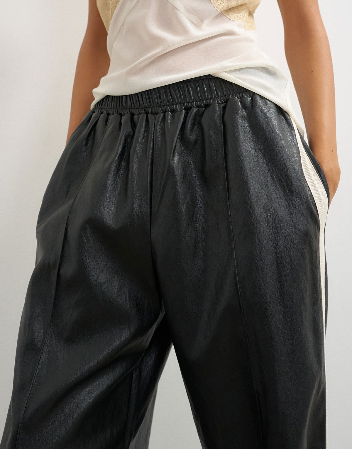Topshop faux leather stripe wide leg trousers in black