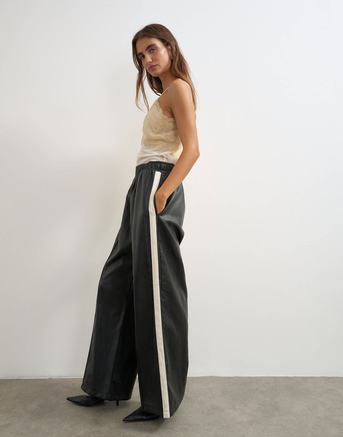 Topshop faux leather stripe wide leg trousers in black