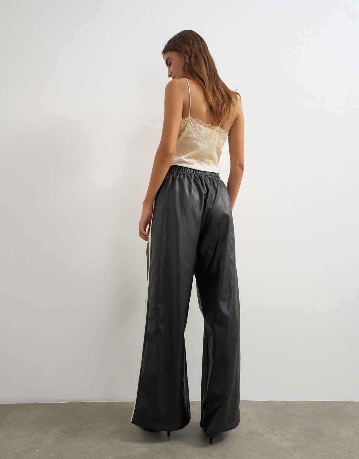 Topshop faux leather stripe wide leg trousers in black