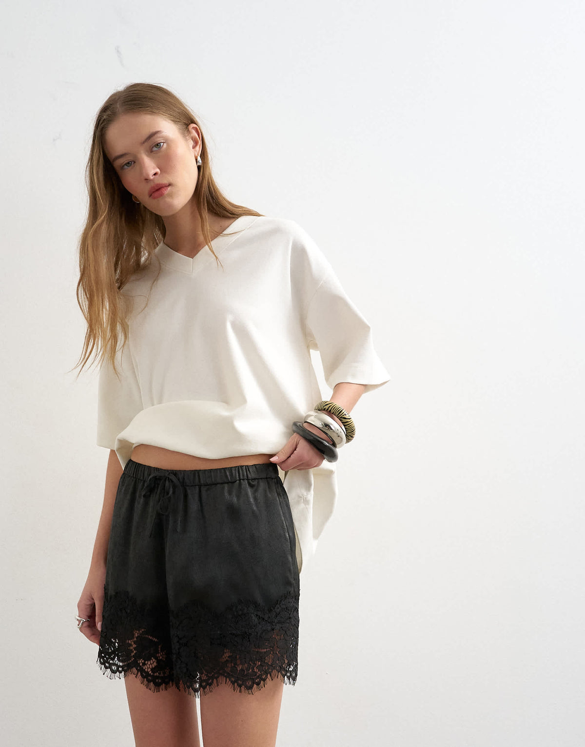 Topshop satin feel lace insert short in black