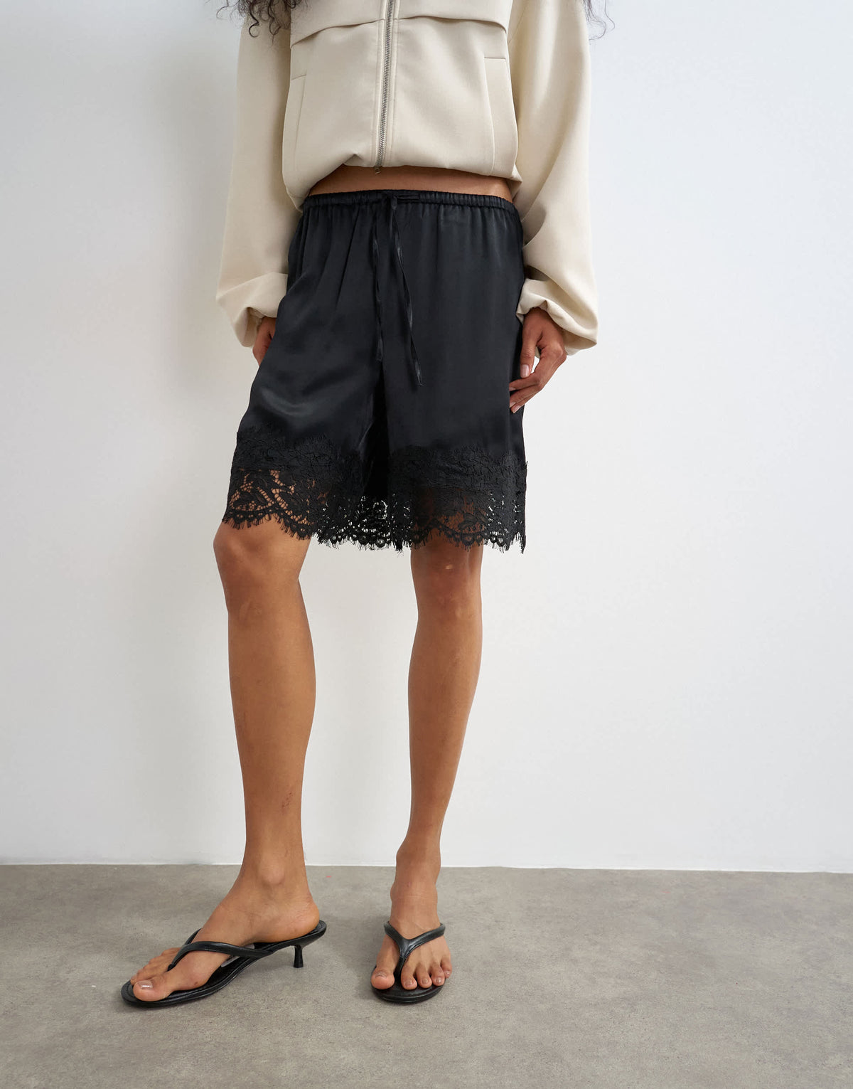 Topshop satin feel lace insert bermuda short in black