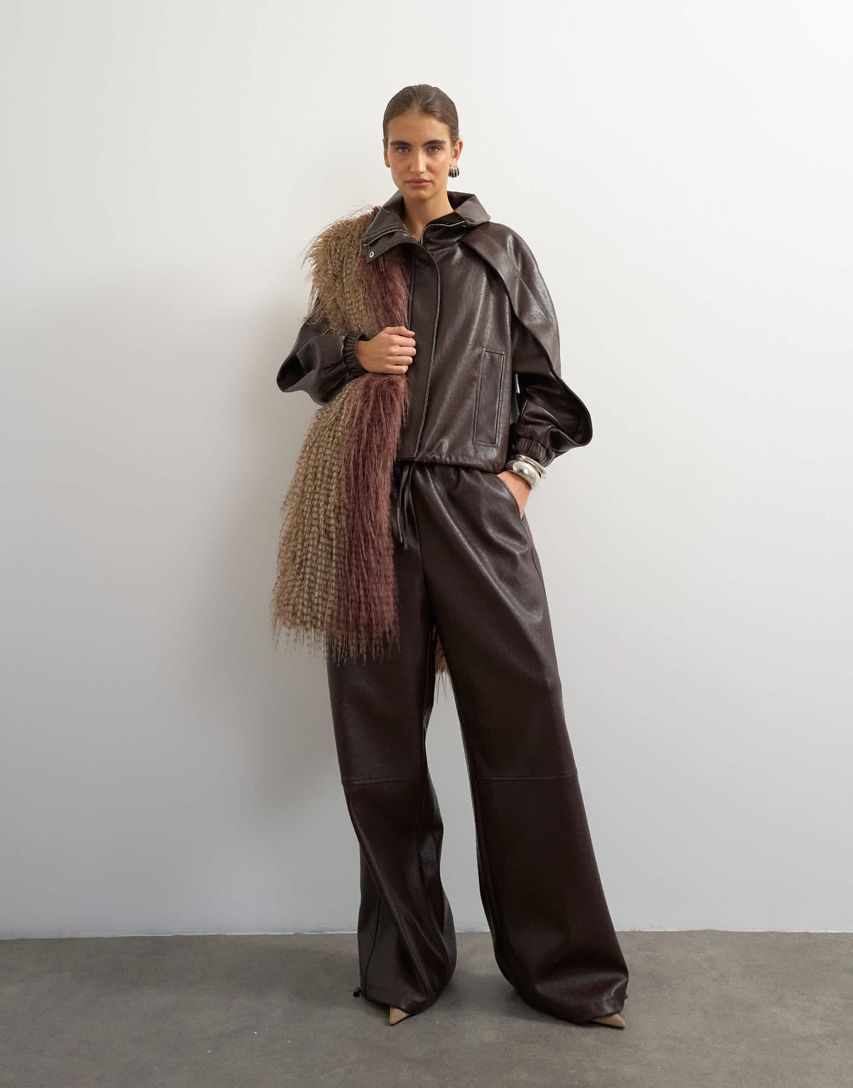 Topshop co-ord faux ostrich leather jogger trousers in brown