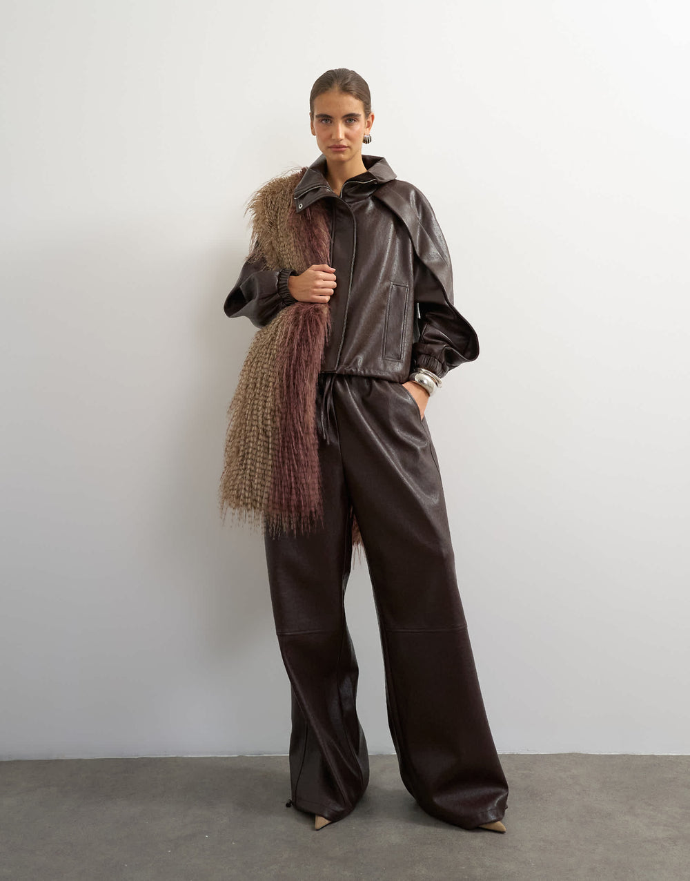 Topshop co-ord faux ostrich leather jogger trousers in brown