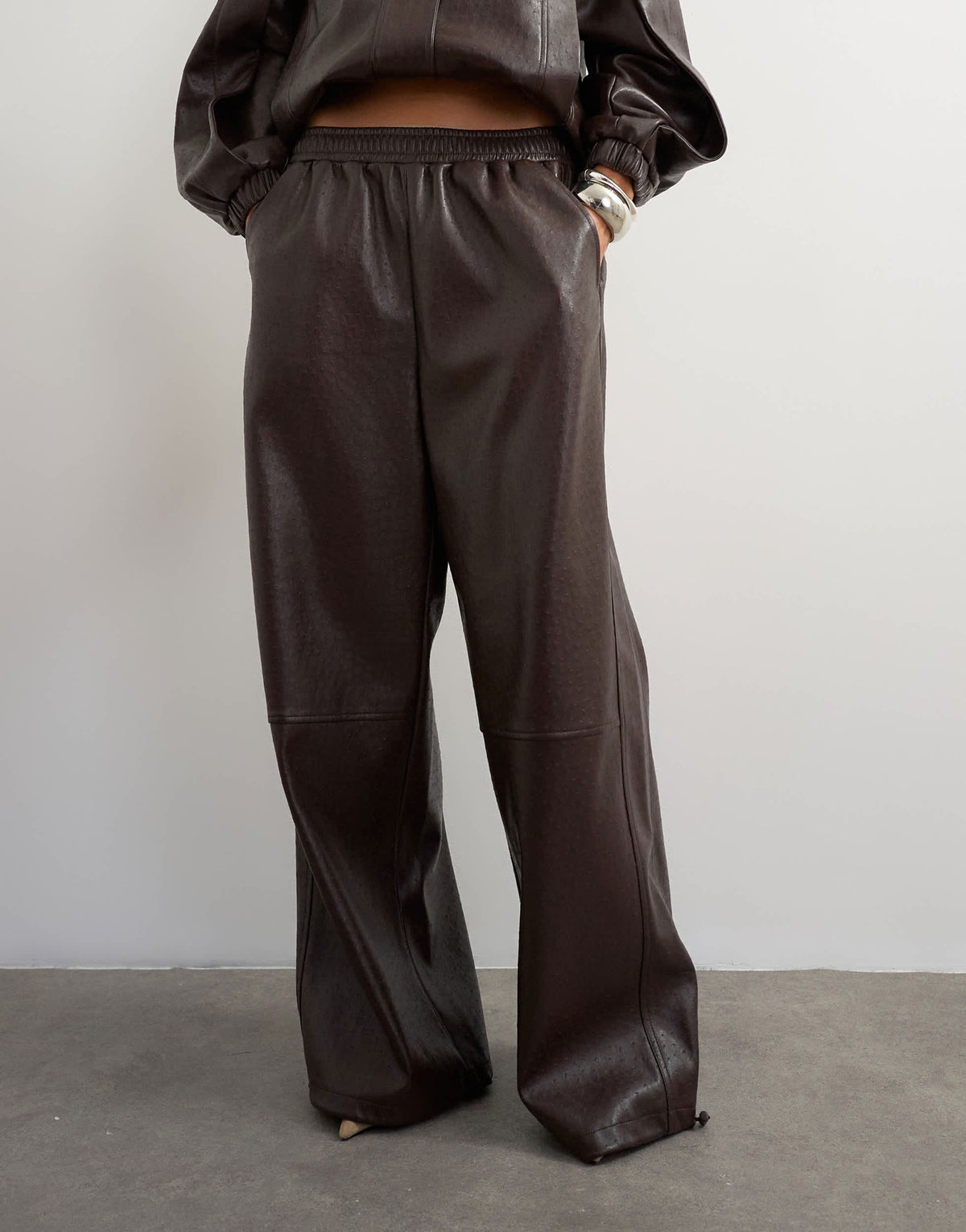 Topshop co-ord faux ostrich leather jogger trousers in brown