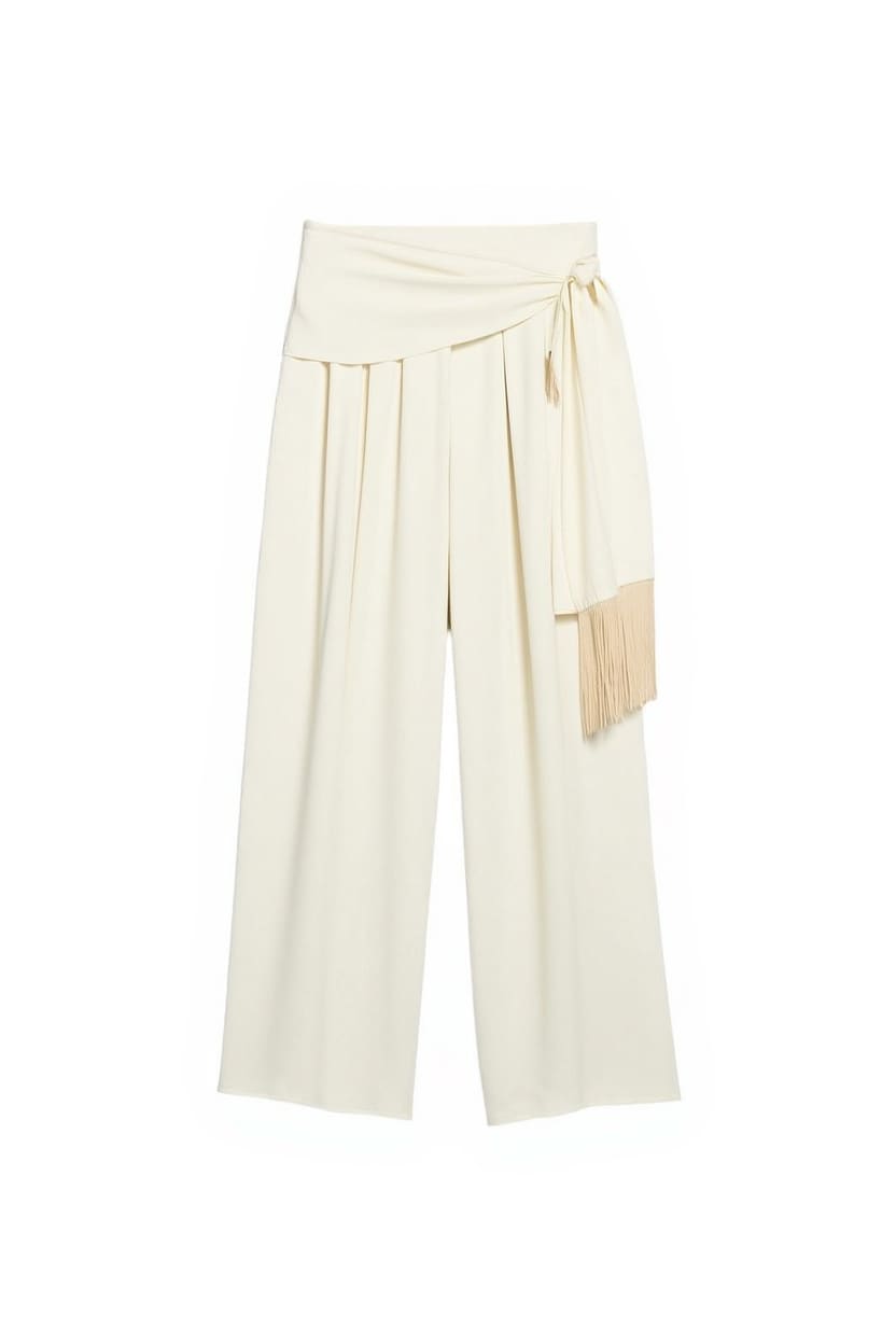 Topshop satin feel wrap co-ord trouser with fringe detail in cream