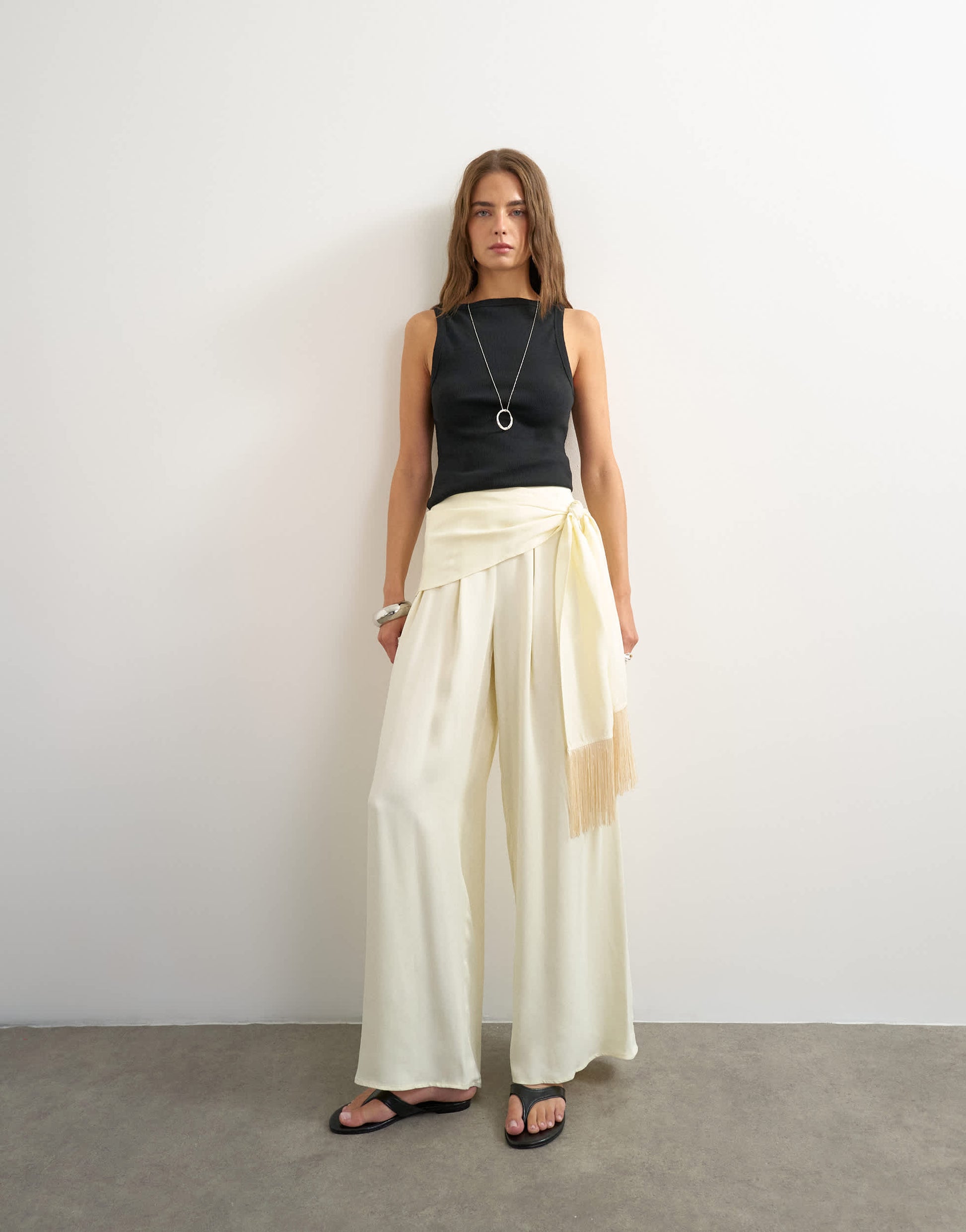 Topshop satin feel wrap co-ord trouser with fringe detail in cream