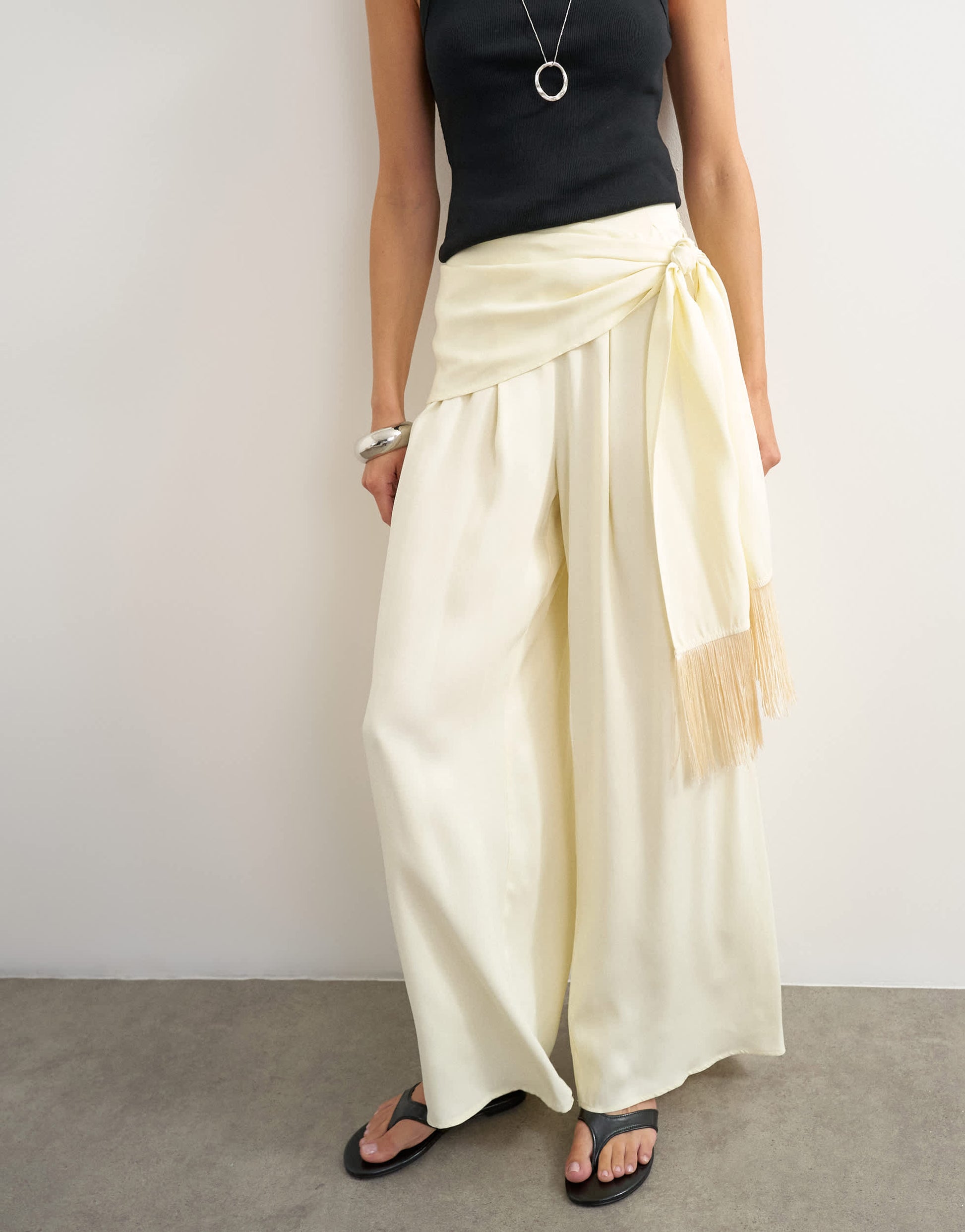 Topshop satin feel wrap co-ord trouser with fringe detail in cream