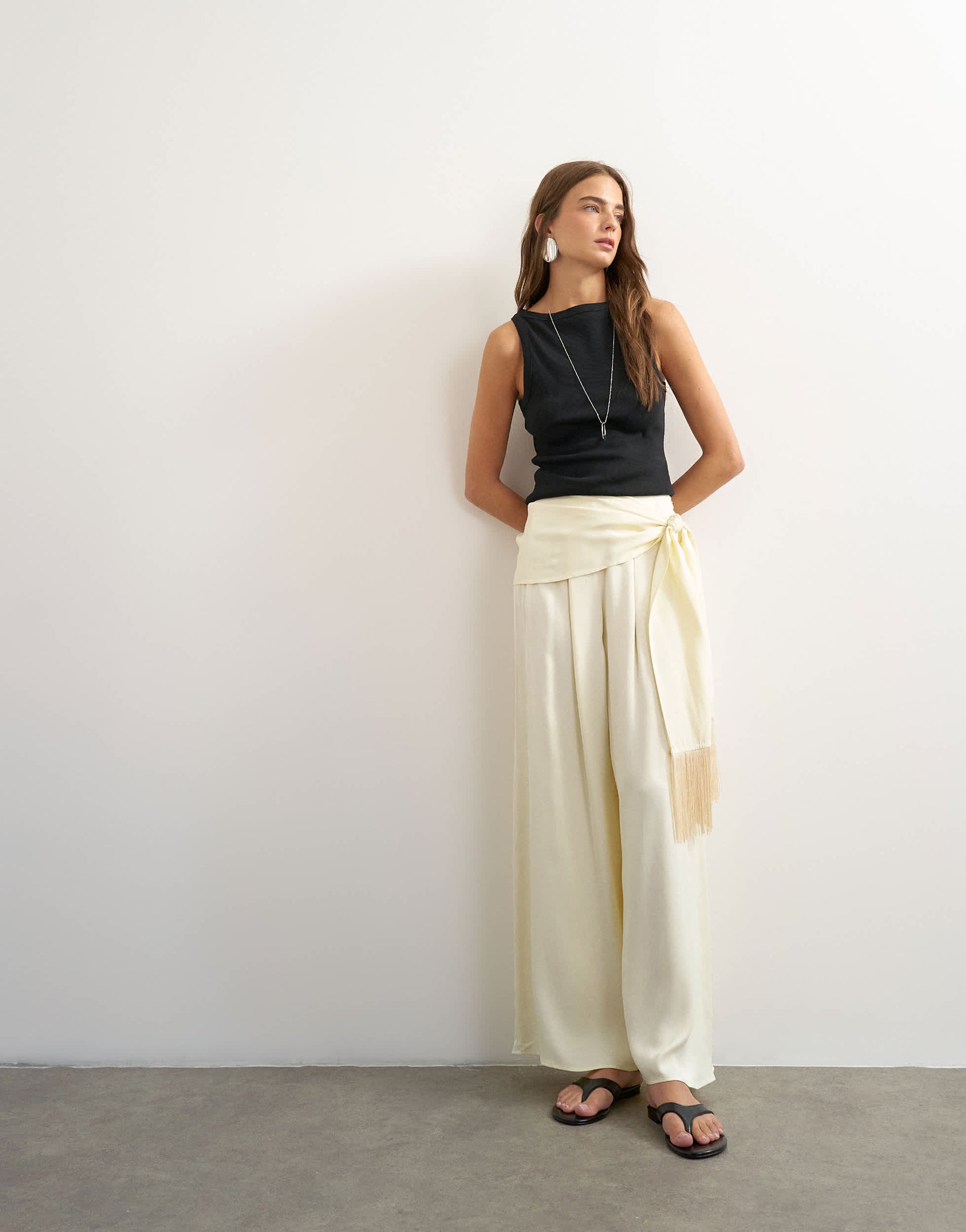 Topshop satin feel wrap co-ord trouser with fringe detail in cream